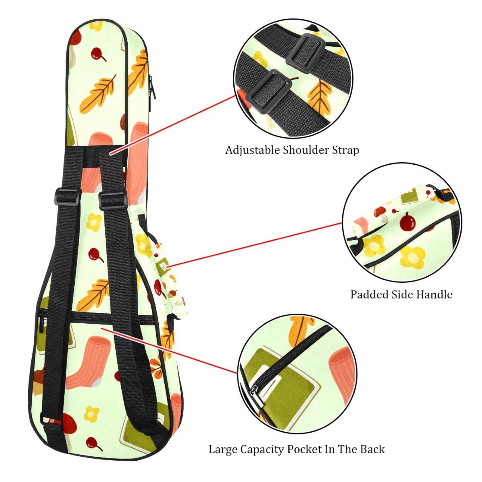Sac à dos robuste pour ukulélé de concert - Sac de rangement pour ukulélé soprano - Sac rembourré de 10 mm - Livres et chaussettes d'automne