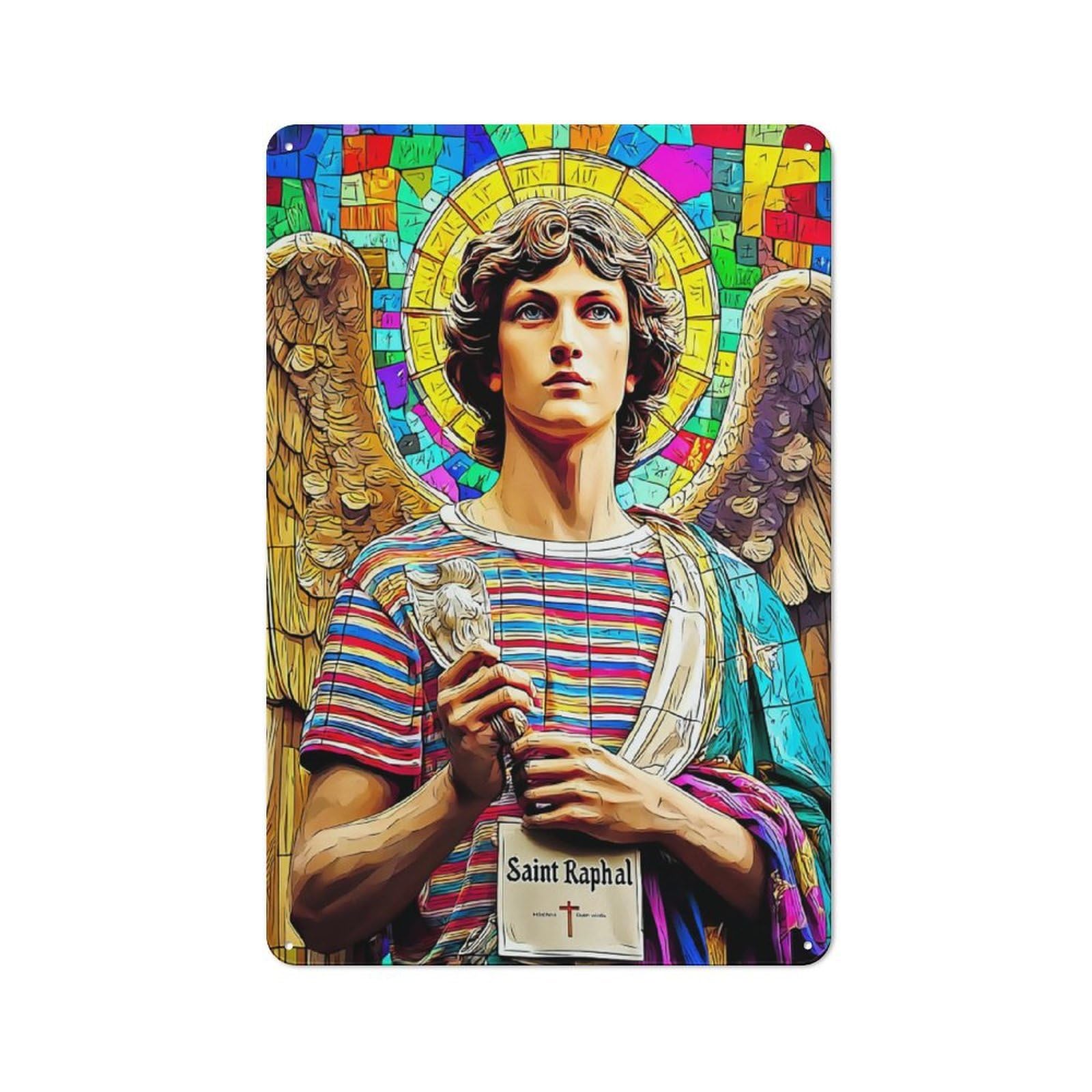 Junmoney Saint Raphael Angelic Guardian Vintage Tin Wall Plaque 30X20cm For Studio Or Craft Room, For Garage, Workshop And Man Cave Decoration