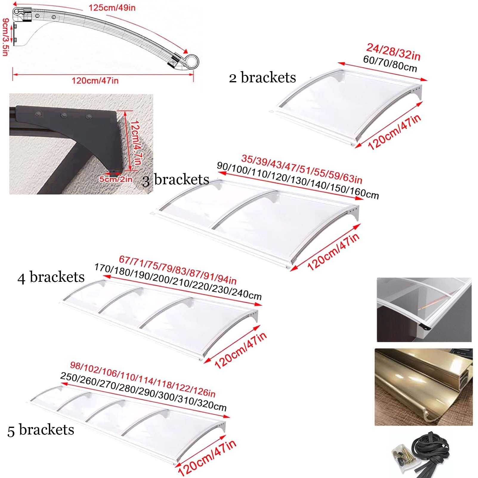 Aluminiowy baldachim pod drzwi wejściowe, markiza okienna, przezroczysta, arkusz z poliwęglanu (120 x 130 cm) na zewnątrz, schronienie przed deszczem ze srebrnym uchwytem, markiza do domu lub firmy