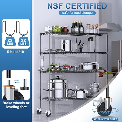 Miniatura 5 de Luxspire Estantería de alambre con ruedas, estantes de almacenamiento ajustables de grado comercial NSF de 2400 libras, estante de metal, estante