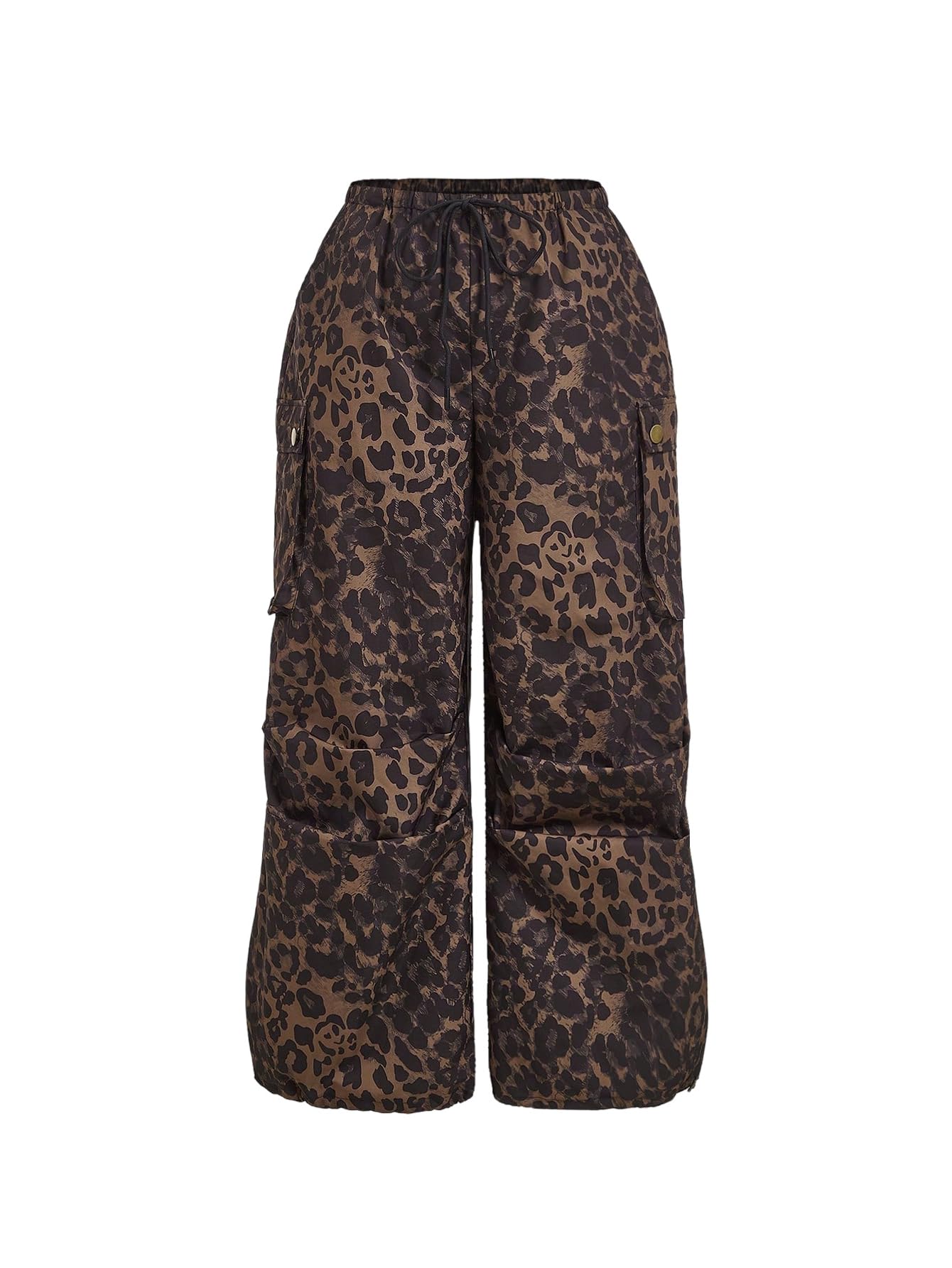 Verdusa Womens Plus Size Leopard Print Cargo Pants Drawstring High Waisted Wide Leg Baggy Trousers