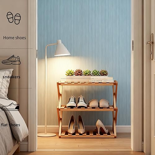 Miniatura 5 de Zapatero de bambú de 3 niveles, organizador plegable de almacenamiento de zapatos para armario, dormitorio, entrada y sala de estar, diseño portátil