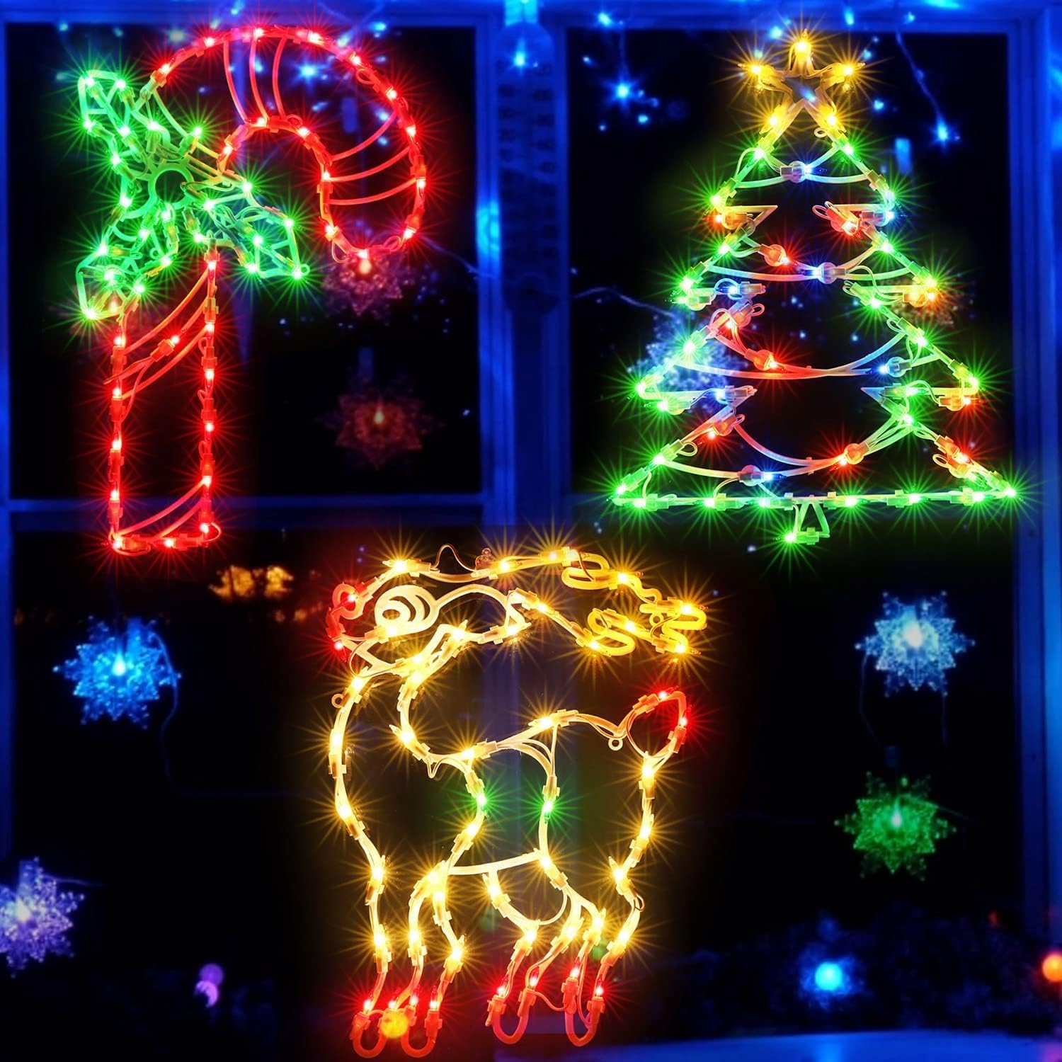 3 Pack 16" Christmas Window Hanging Lights, Christmas Window Silhouette Lights for Holiday Wall Indoor Decorations (Reindeer, Tree and Candy Cane)