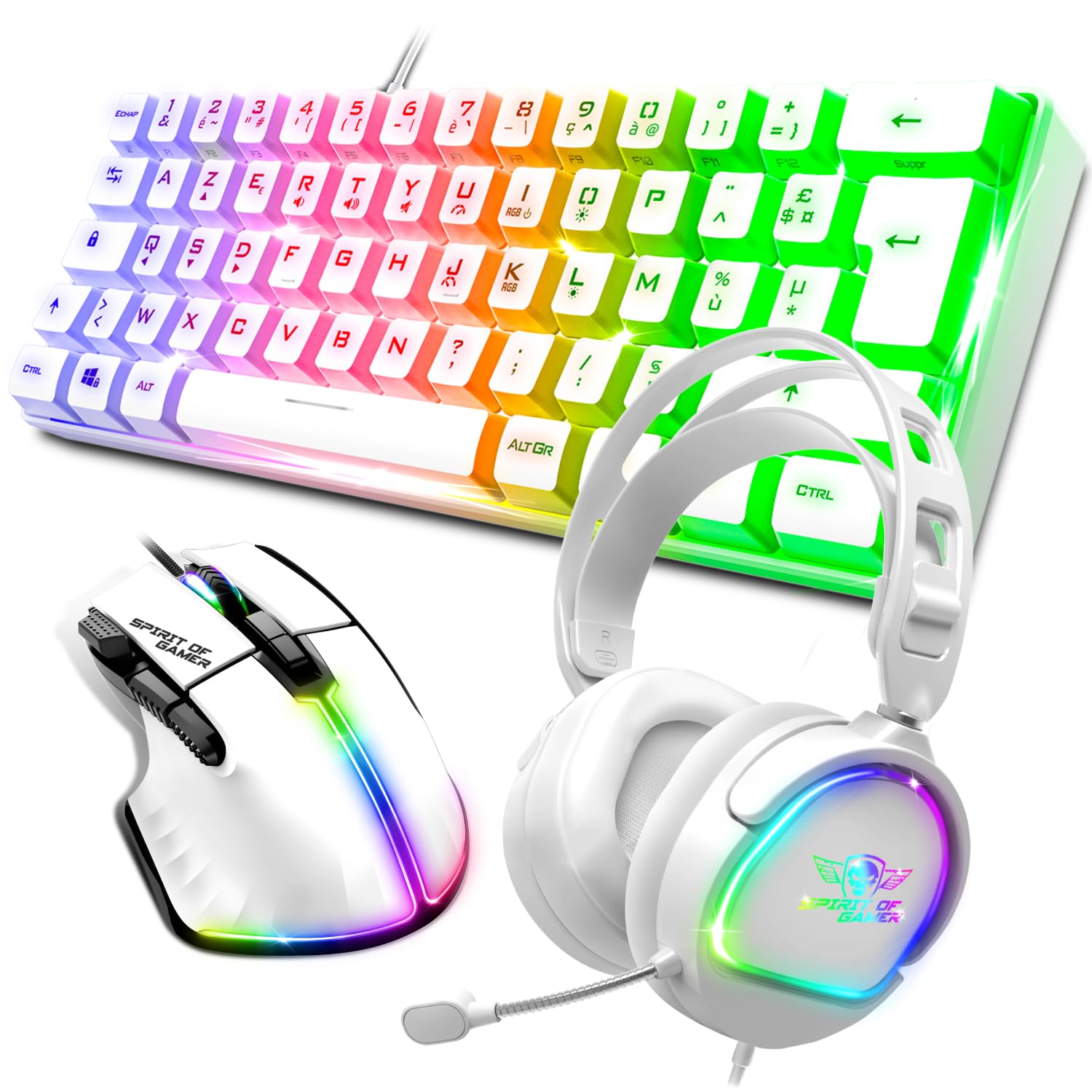 Spirit Of Gamer, Pack Clavier Souris Gamer Filaire RGB + Casque, Clavier Semi-Mecanique, Format Compact TKL 60%, Souris 12800 DPI avec 8 Boutons Programmables, Casque Gaming avec Micro Son Stéréo 2.0