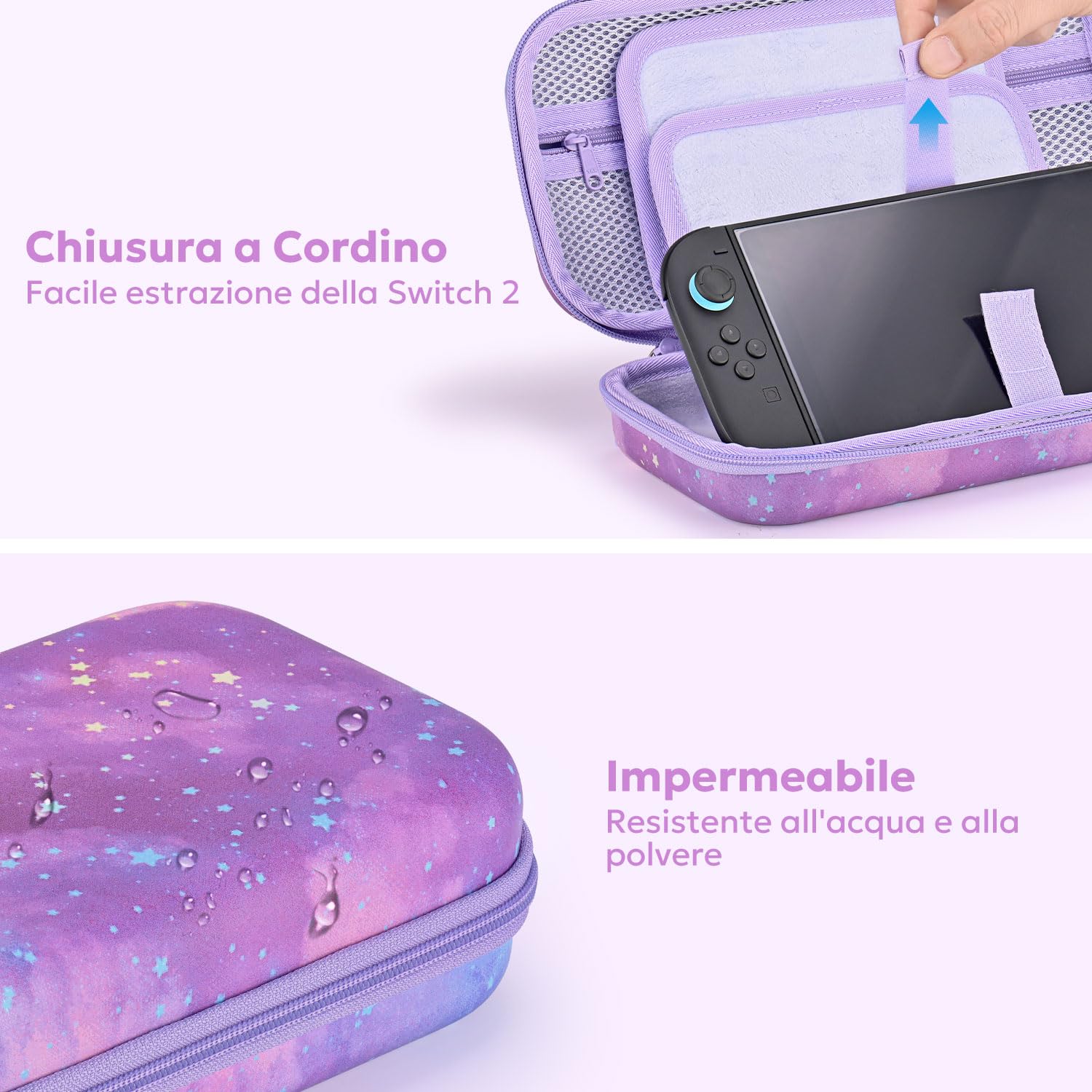 innoAura Custodia per Switch 2, Custodia da Trasporto in PU Resistente agli Schizzi e Antiurto per Switch 2, Tasca in Rete Extra Grande, Doppia Cerniera, Slot AirTag (Non Incluso), Viola Galaxy