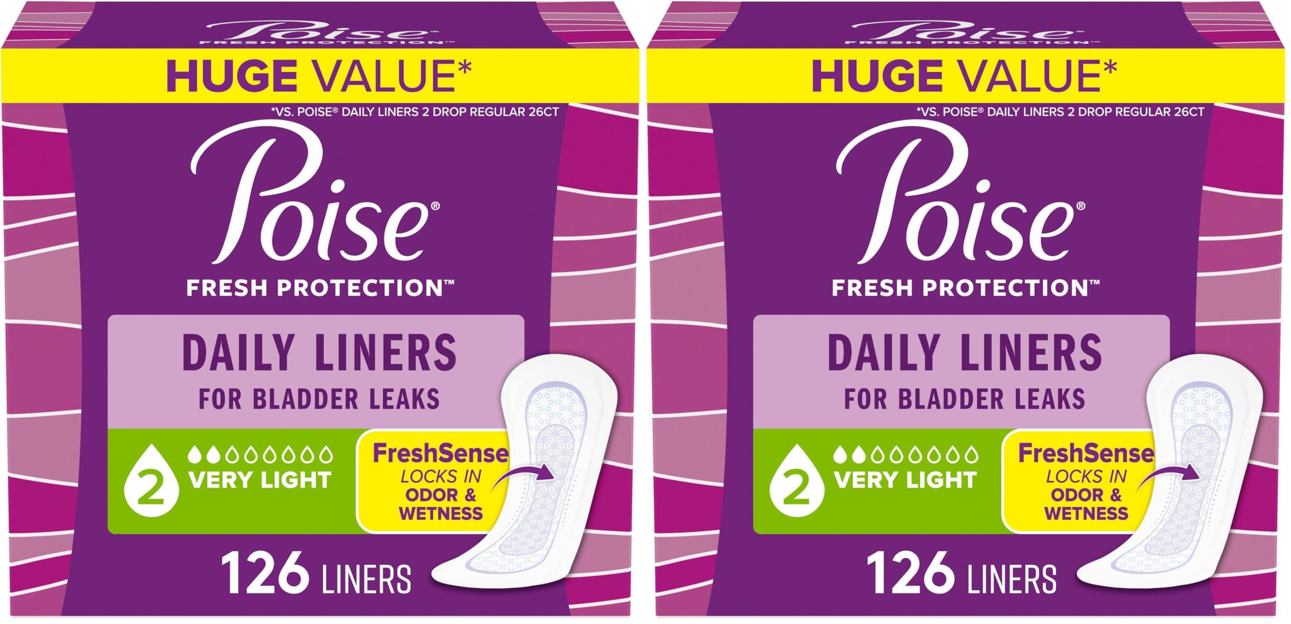 Poise Daily Liners, Incontinence Panty Liners for Bladder Leaks, 2 Drop Very Light Absorbency, Regular Length, 126 Count of Pantiliners, Packaging May Vary (Pack of 2)