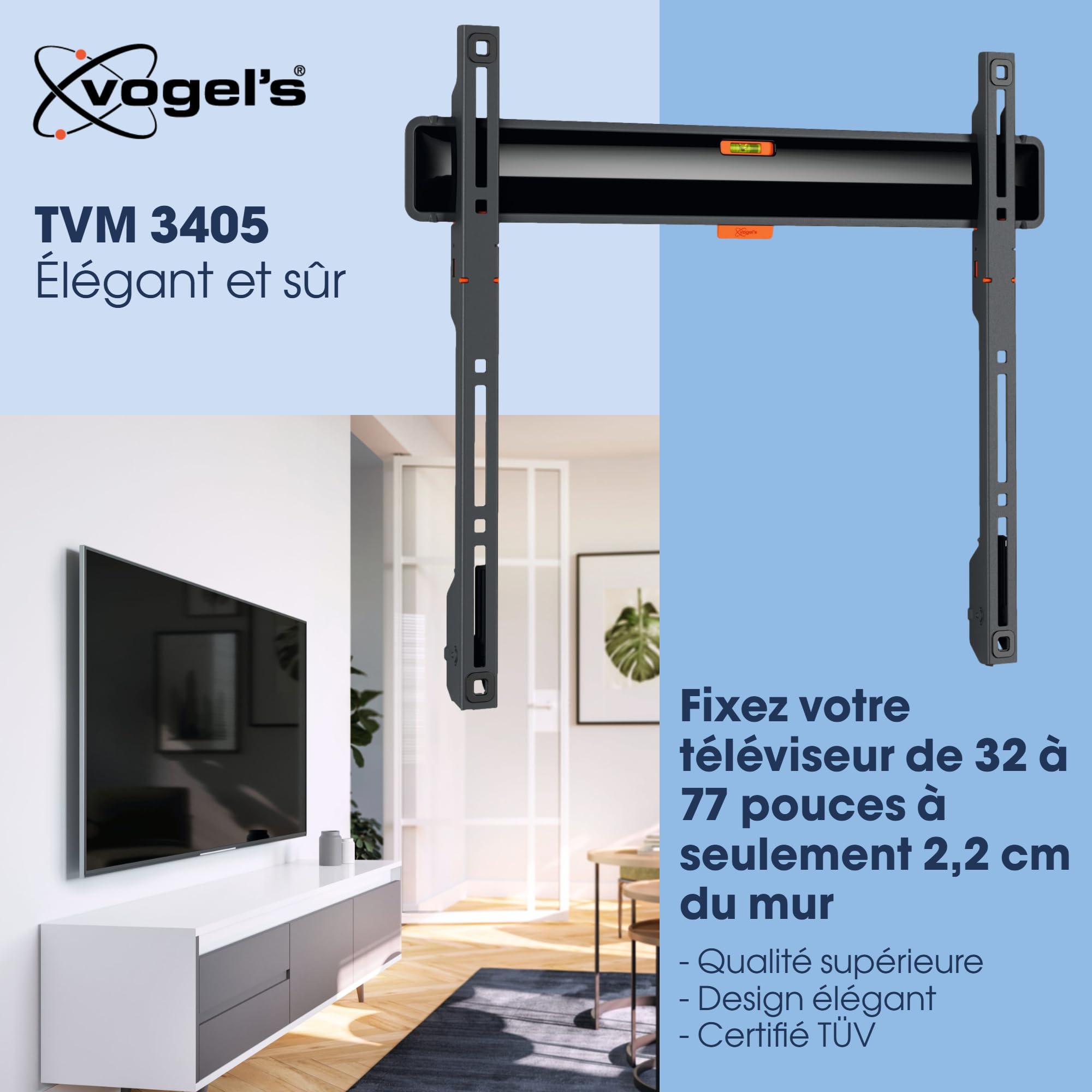 Vogel's TVM 3405 Support Mural TV Plat pour téléviseurs de 32-77 Pouces, Max. 50 kg, Support TV Max. VESA 400x400, Compatibilité Universelle, Distance au Mur de Seulement 2,2 cm