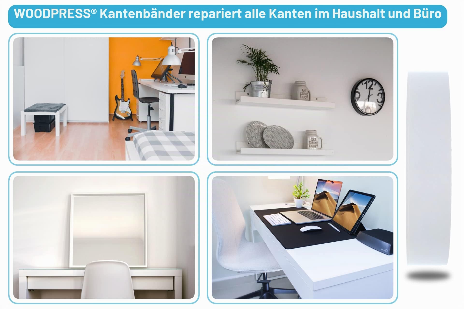 15mm Mattweiße Melamin Kantenumleimer mit Schmelzkleber – 50m Industrielle Rolle – Einfaches Aufbügeln für Heimwerker