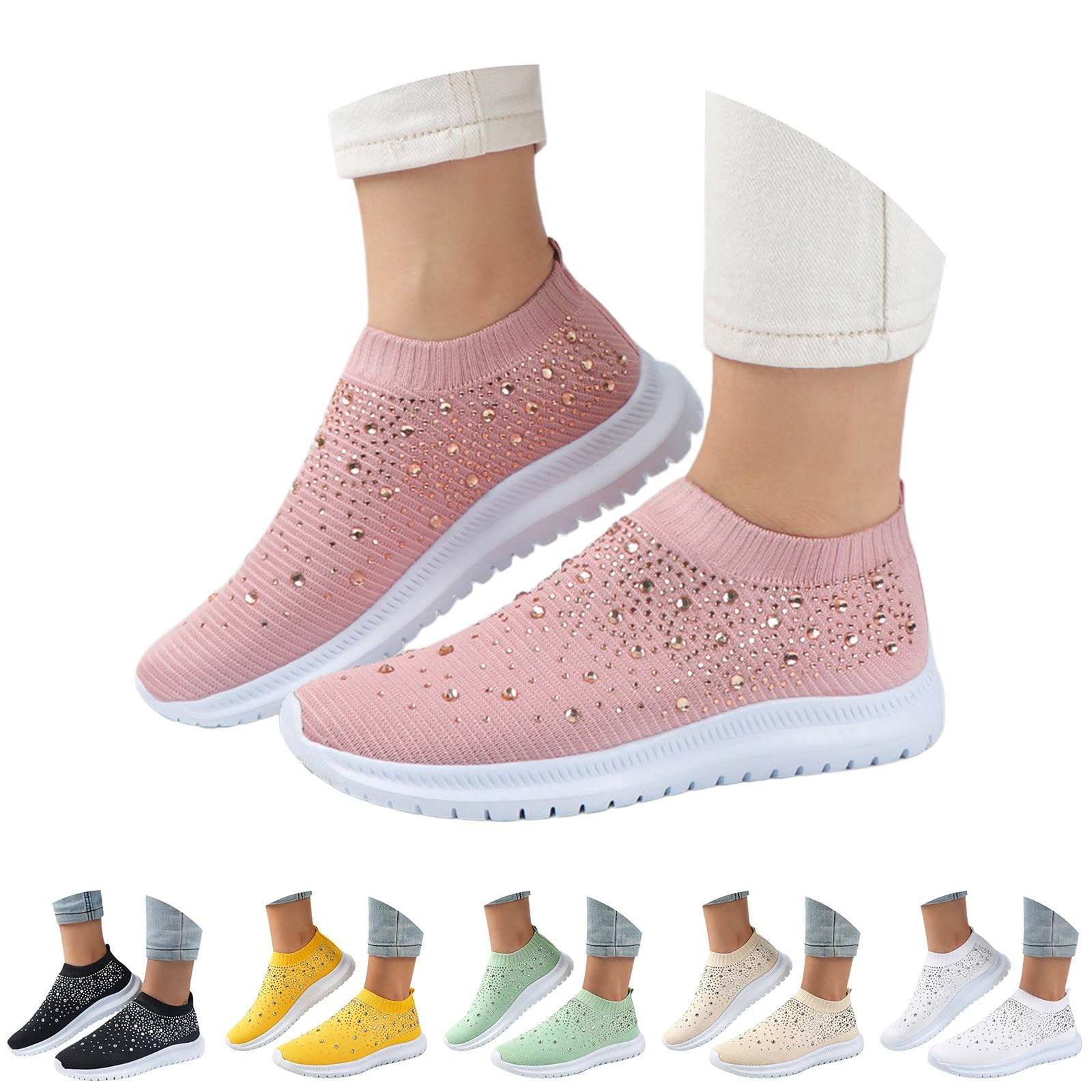 Scarpe da passeggio da donna, slip-on, estive, con strass, larghezza H | Scarpe da ginnastica, senza lacci, per il tempo libero, in rete, traspiranti, per corsa, fitness, attività all'aperto