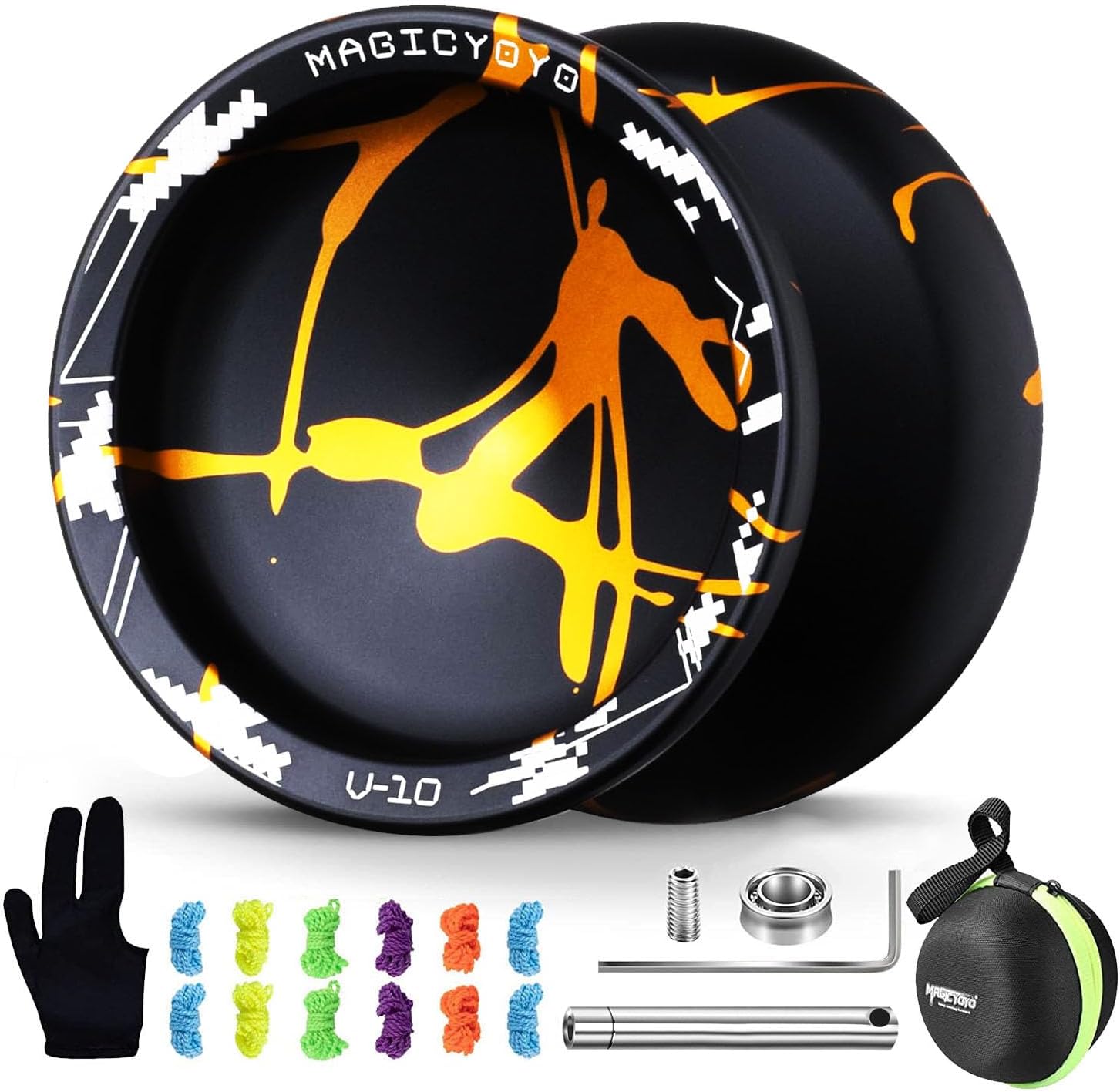 MAGICYOYO V10 Finger Spin Yoyo Professional Metal Trick Yoyo Responsive & Unresponsive Dual Purpose Yo Yo with Storage Case + Yo Yo Glove +12 Strings(Black Golden)
