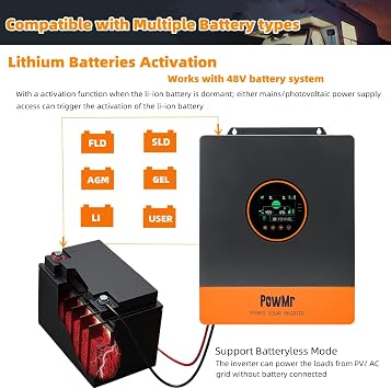 PowMr 5200W Hybrid Solar Inverter, 48V DC to 110V/120V AC, Split Phase Inverter with 100A MPPT Controller, Max PV Input 6KW, 500VDC, Supports Up to 6 in Parallel, for Lead Acid Lithium Battery