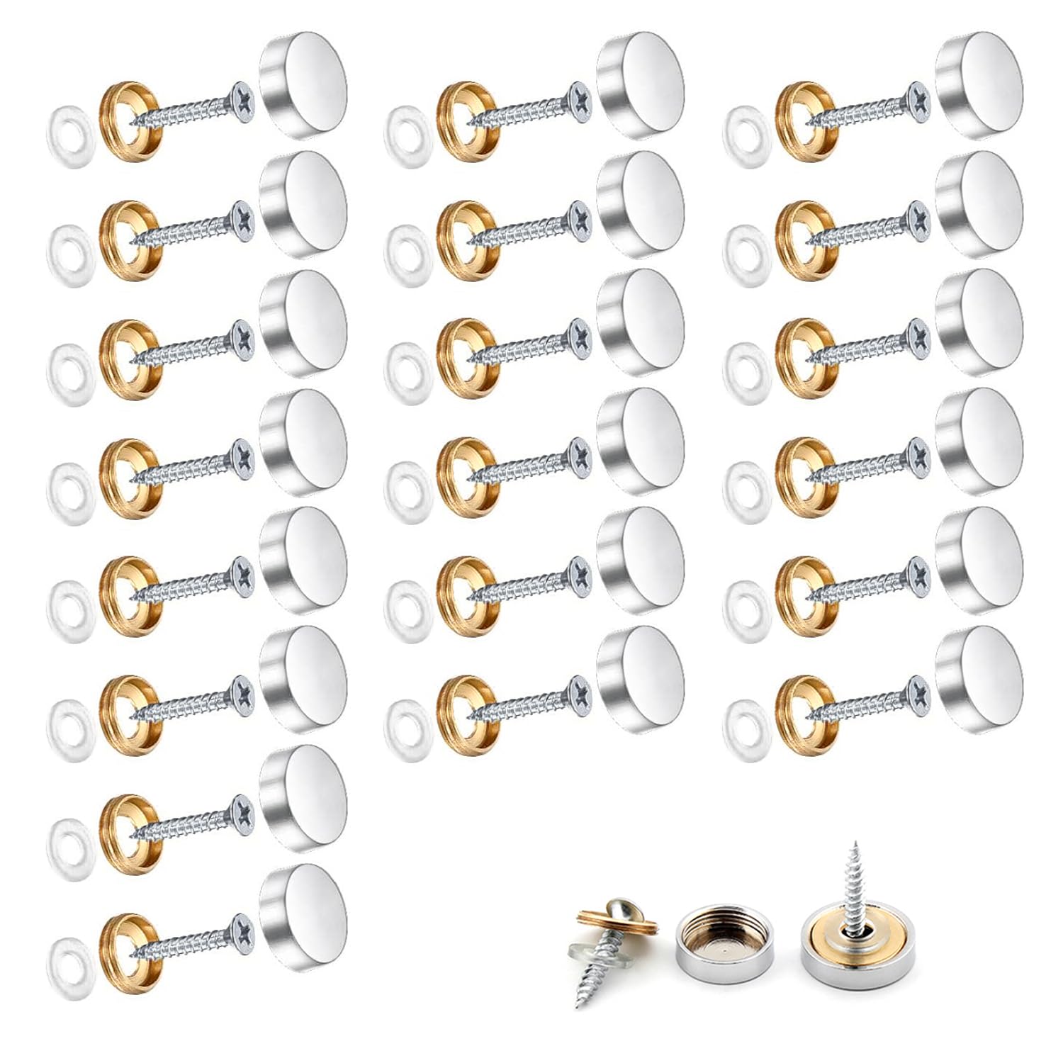 Wopanxye 20 Set 16mm Mirror Screws with Decorative Cap Brass Chrome Cover Stainless Steel Nails w/Washer for Coffee Tables Bath Plates Wardrobes Wood Furniture Bathroom Panels Glass Signboard