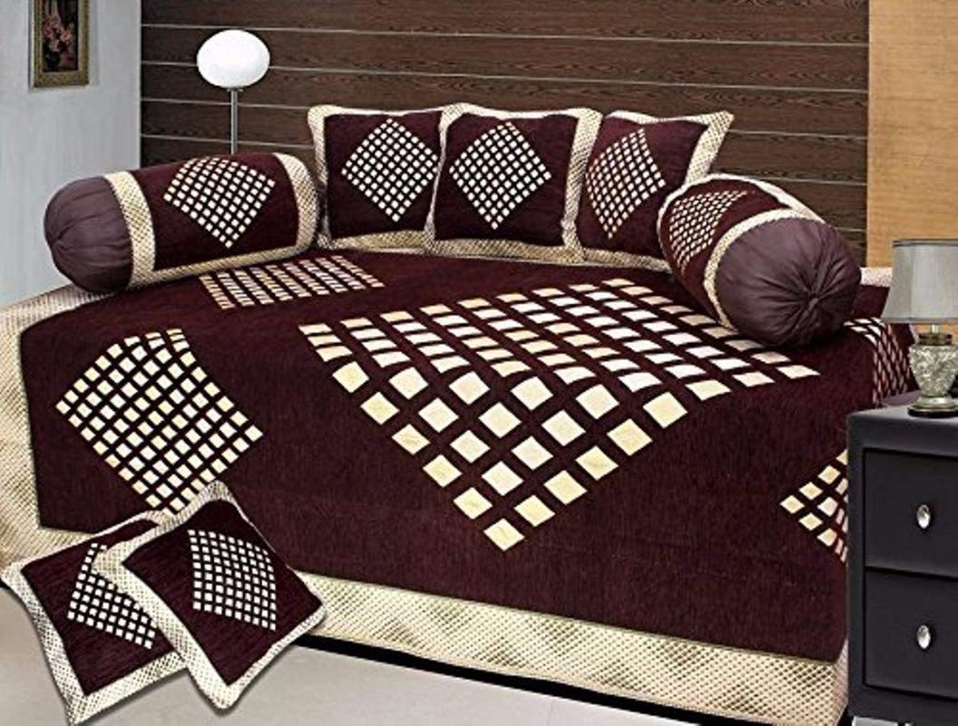HOMA DORN Heavy Chenille Printed Designer Diwan Cover Diamond Coffee Sets (Single Bedsheet + 5 Cushion Covers 2 Bolster Covers) (Diamond Coffee)-picture-16