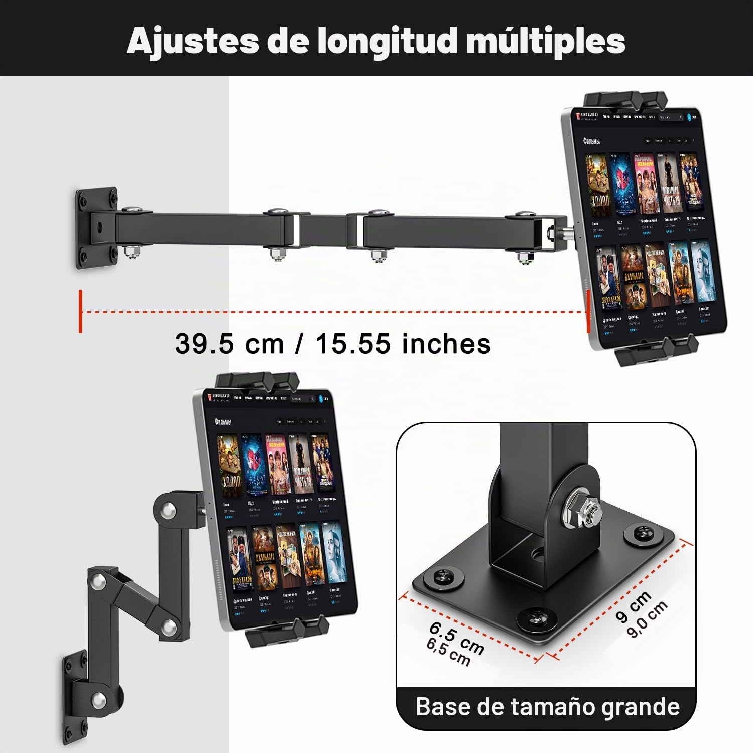 Soporte Tablet Pared, Soporte iPad Pared con Brazo Metálico Regulable 16-39.5cm, Soportes iPad para 4,7 a 13.5 Pulgadas.