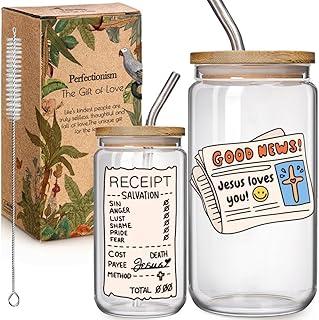 Jesus Loves You Christian 16 oz Glass Drinking Cup Gifts for Women of the Bible, Christian Faith Bible Verse Gift, Baptism Gifts,Jesus Coffee Jar Lids Straws Educational Religious Party Favors Gift