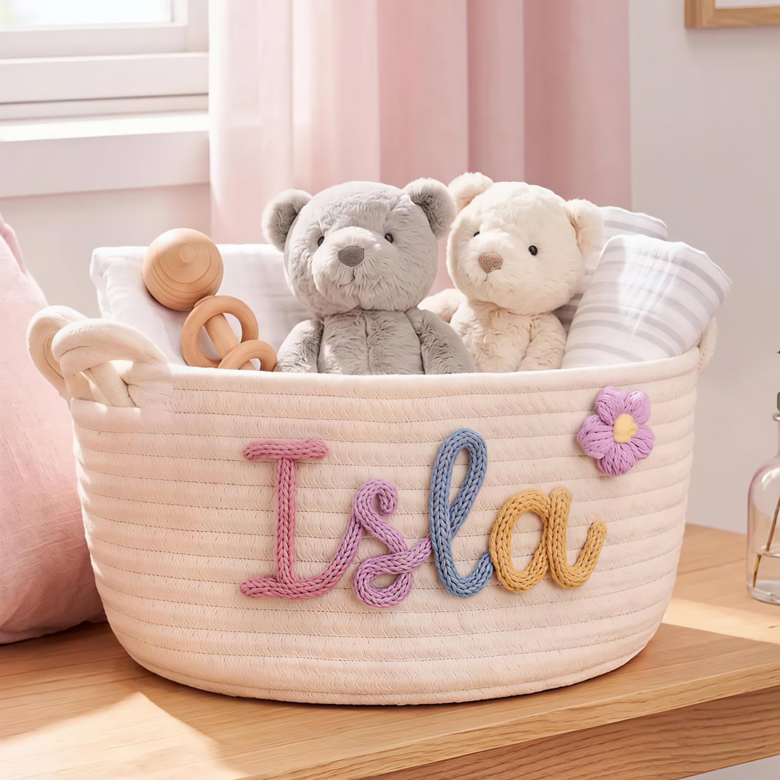 Personalized Cotton Rope Baby Basket, Custom Name Storage Bin Nursery Decor