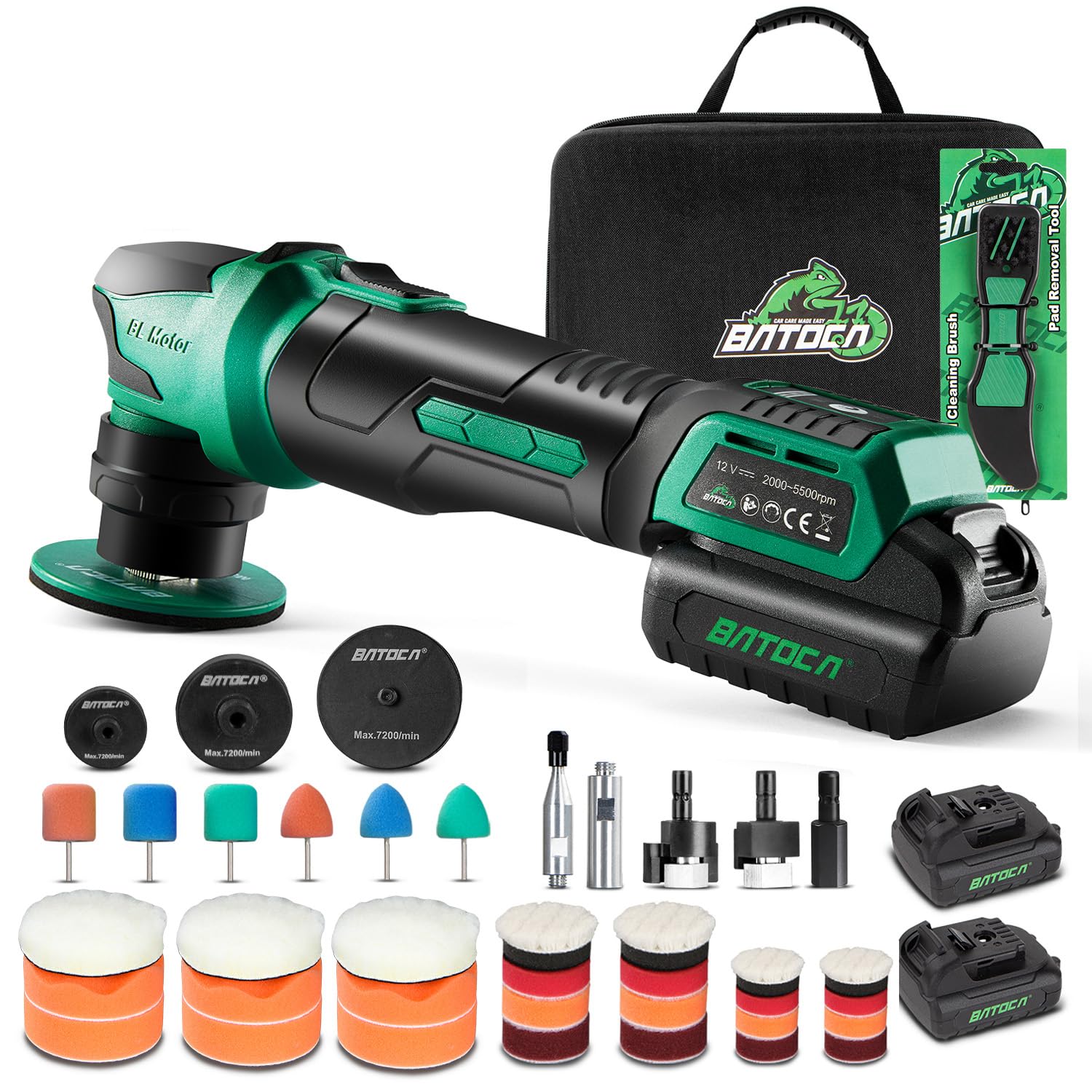 【2026モデル】BATOCA S4 ポリッシャー ダブルアクション車 ミニ コードレス 小型 30mm/50mm/75mm 充電式 静音設計+DA/RO ワンタッチ切替 ブラシレスモーター搭載 2000-5500PRM 電動【車の細かい傷・ ヘッドライト・ホイール・うろこ取り】 12V 2.5Ah バッテリー2個 日本語説明書付き——付属品充実セット