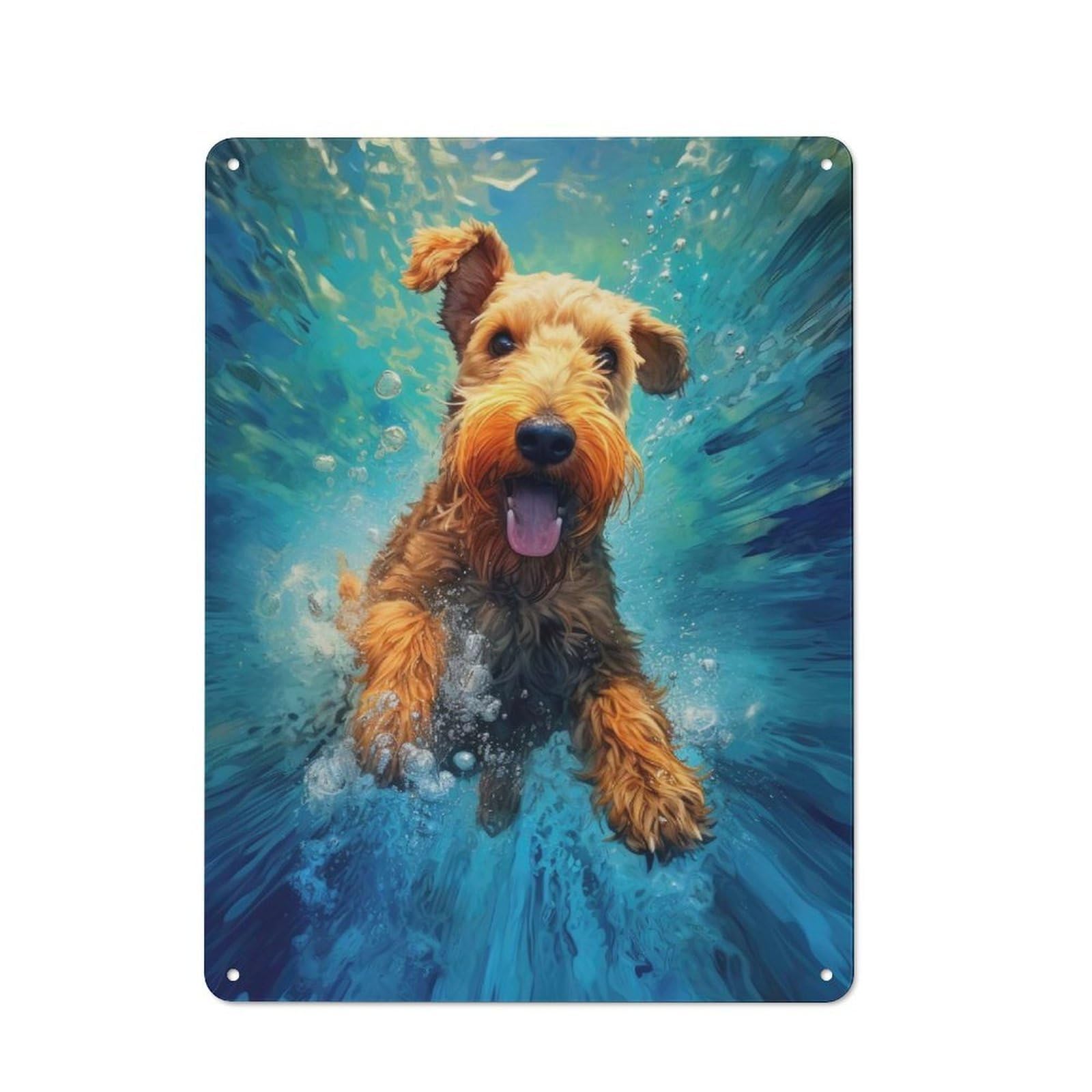 Junmoney Underwater Terrier Dog Tin Wall Plaque 40X30cm With For Living Room Or Hallway, For Garage, Workshop And Man Cave Decoration