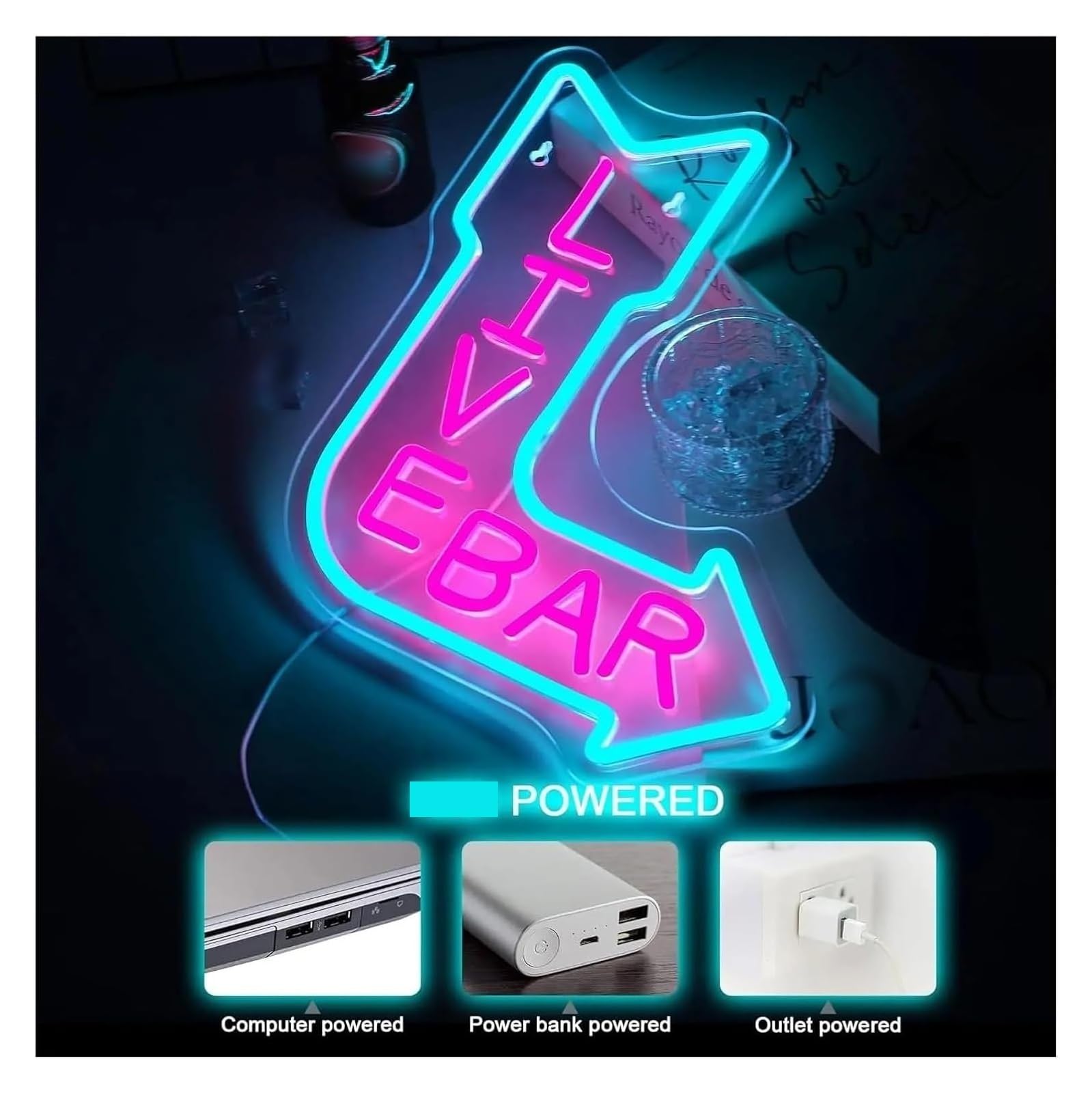Lámpara LED Neón Letrero de neón Live BAR para decoración pared,Lámparas para el hogar 27 x 43 cm