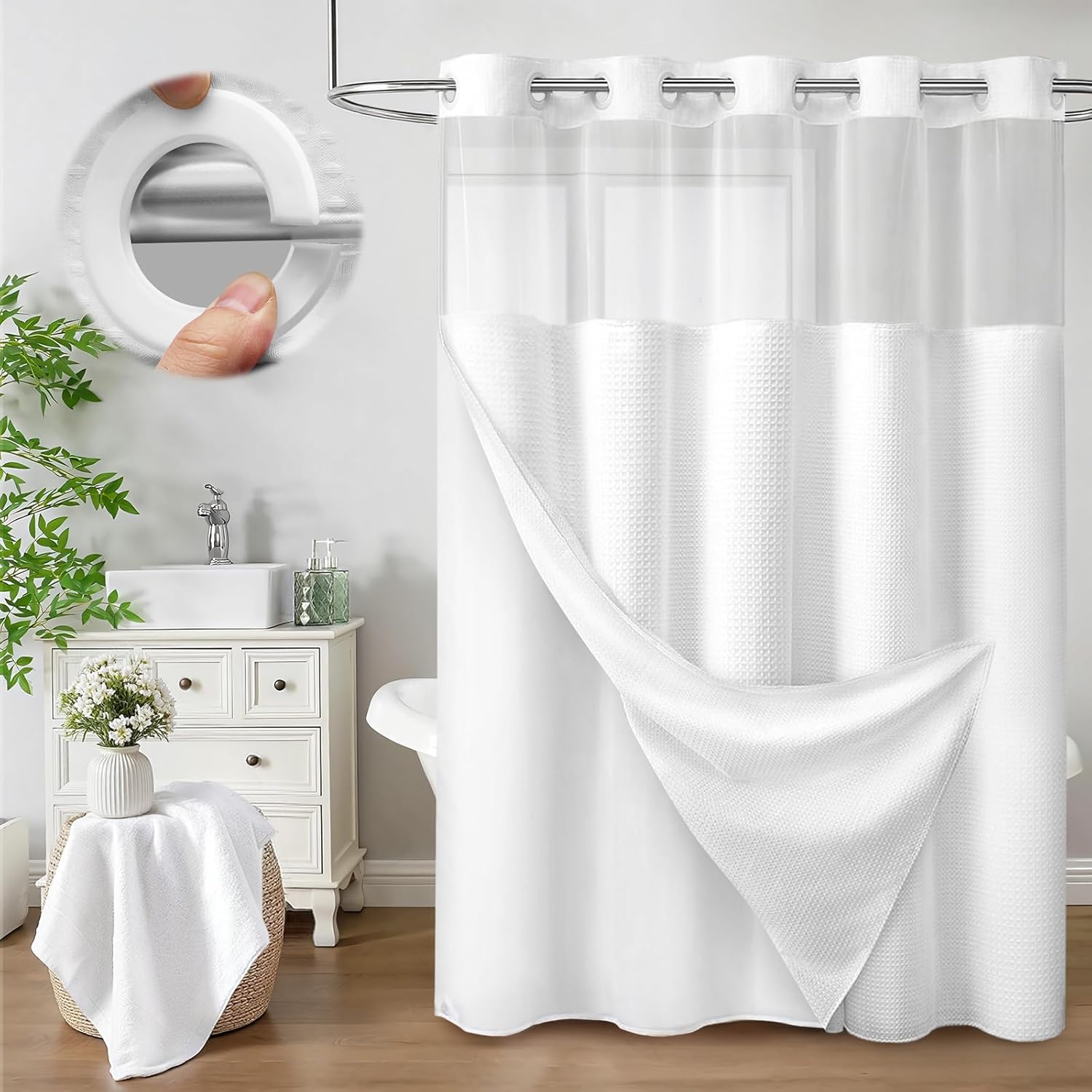 No Hook Shower Curtain and Liner Set,White Hotel Waffle Shower Curtain with Liner 81" L x 72" W
