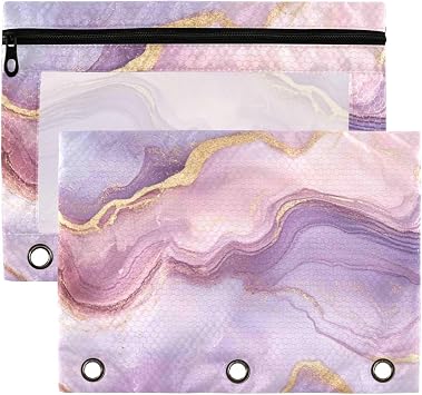 Kcldeci Pencil Pouch for 3 Ring Binder, Pink Marble 2 Pack Binder Pencil Pouch with Clear Window Pencil Bags with Zipper Pencil Case for Binder