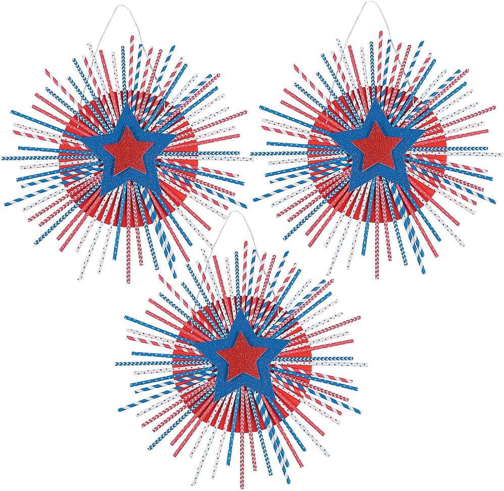 Fun Express Patriotic USA Straw Wreath Craft Kit - Makes 3 - DIY 4th of July Craft Kits