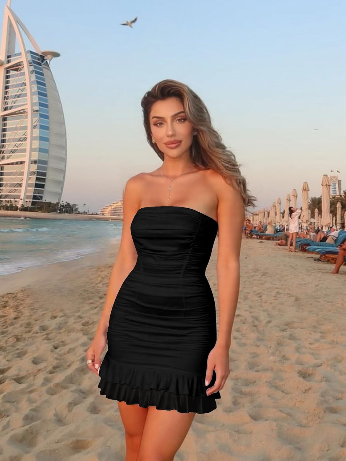 Mizoci Women's Sexy Tube Top Bodycon Mini Dress Strapless Ruffle Bow Back Ruched Party Short Dresses - Image 6