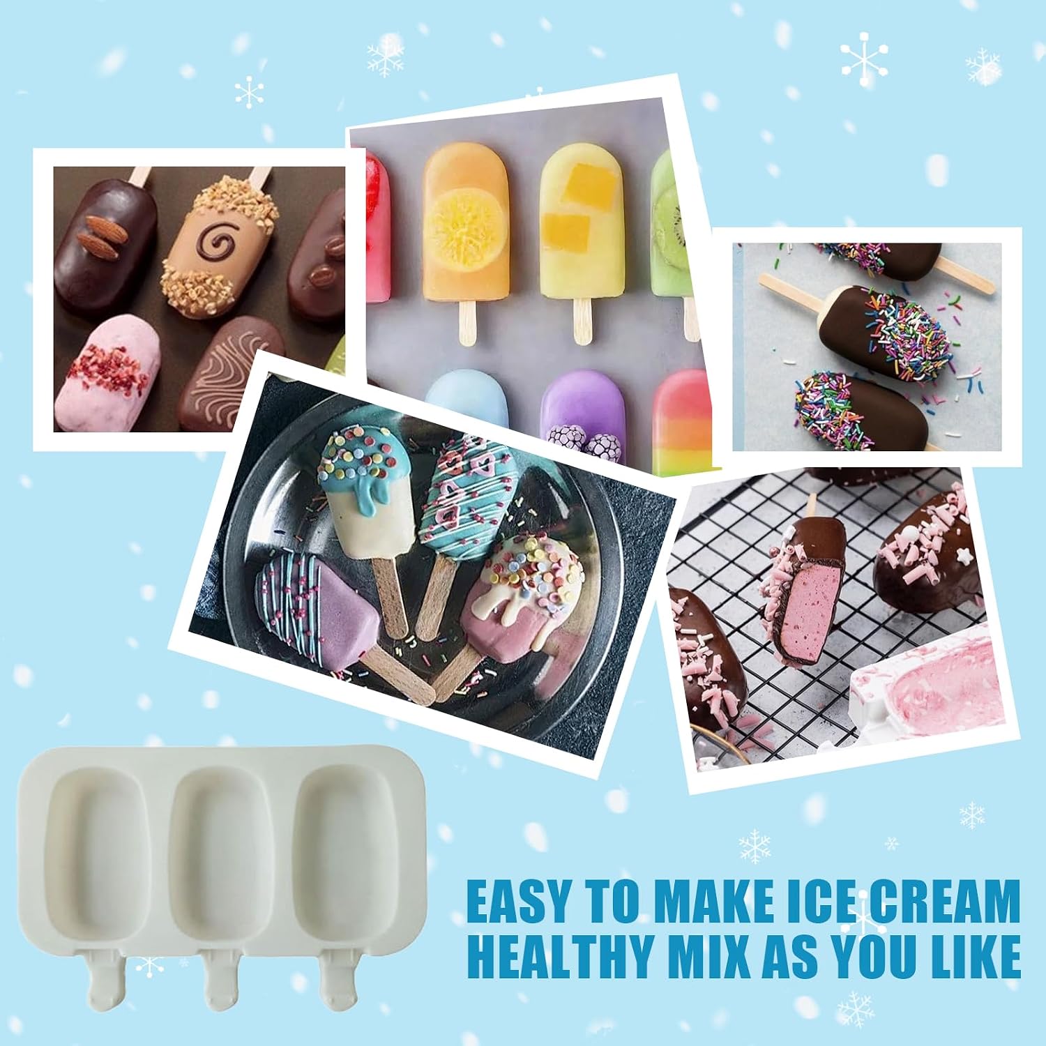 Homemade Popsicle Silicone Molds with Lid Popsicle Molds BPA-Free, Ice Pop Molds with 3 Cavities, Cake/Ice Cream/Popsicle Maker Easy Release, with 100 Popsicle Sticks (Set of 2 White)