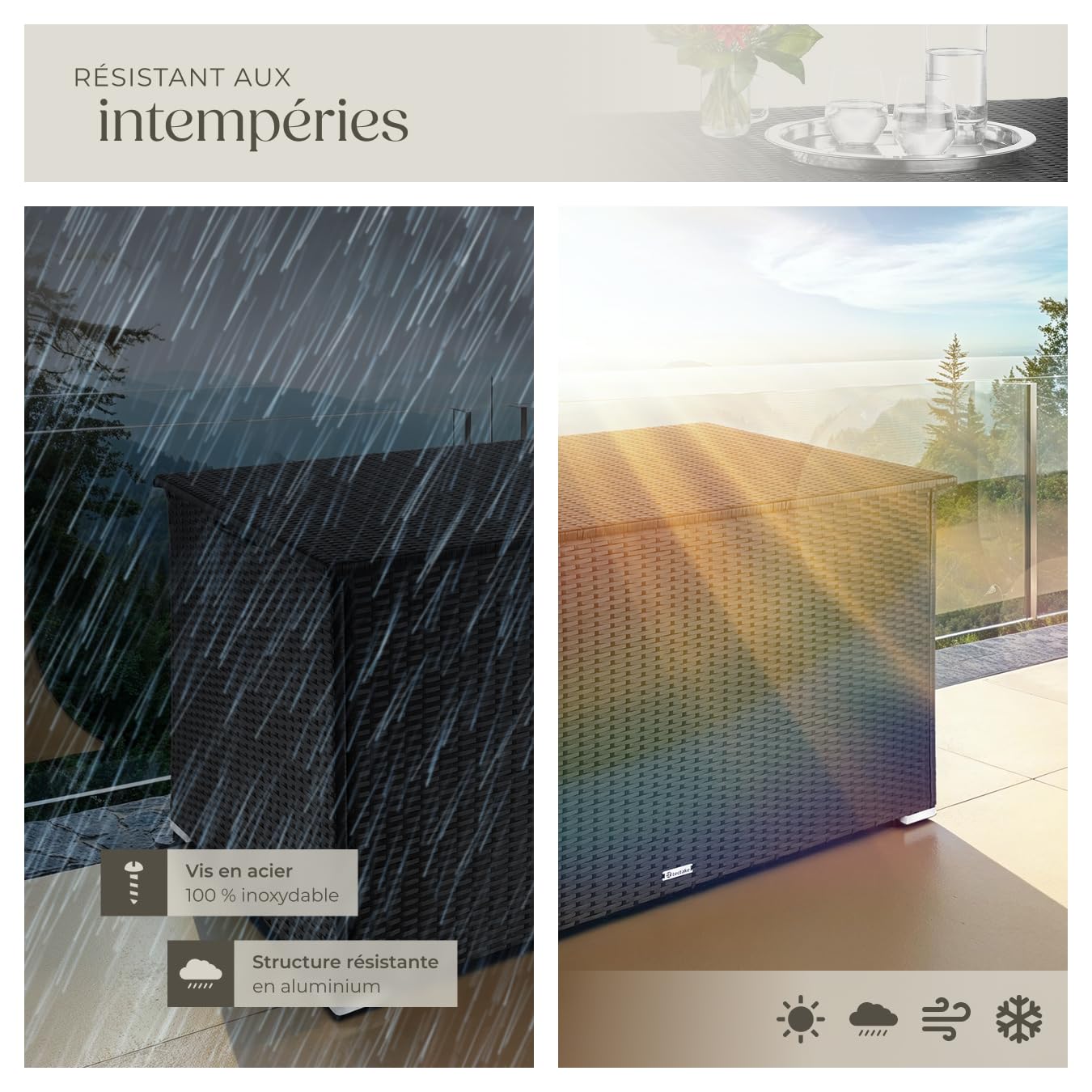 tectake® Coffre de jardin Exterieur, Coffre à Coussins 750 L en Aluminium Polyrotin 145 x 82,5 x 79,5 cm, Couvercle Rabattable, Poignées pour Rangement des Outils de Jardin, Jouets - 4