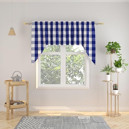 Miniatura 95 de Cortina ajustable con cenefa para ventana de cocina Buffalo Check, a cuadros, gingham, estilo granja, con bolsillo para barra, para baño, 42 x 45