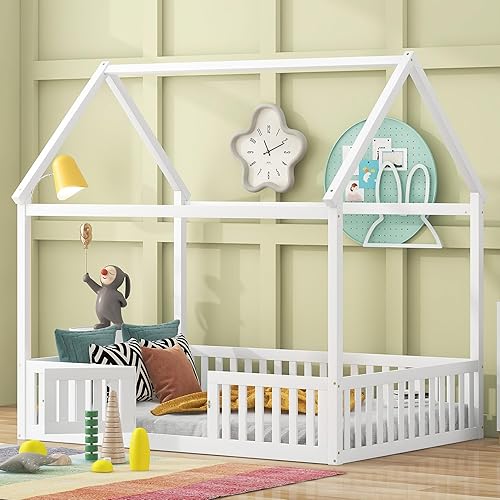 Miniatura 4 de Marco de cama de casa para niños, cama Montessori de madera tamaño matrimonial con diseño de valla y puerta, cama de piso completo con rieles para