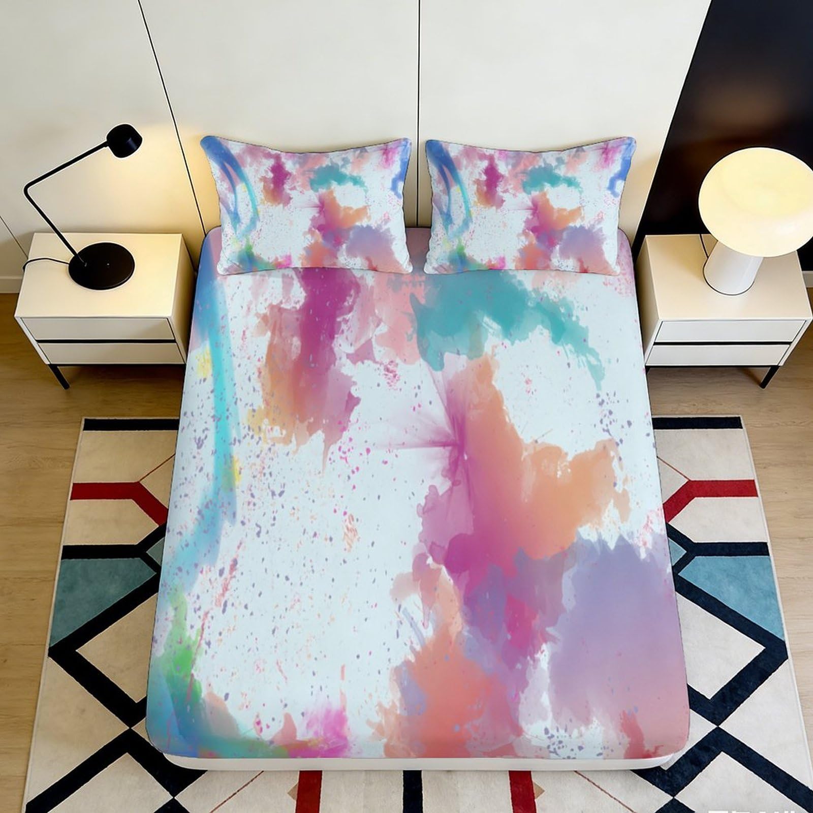 3D Printed Colorful Abstract Fitted Sheet Microfiber Soft Breathable Watercolor Mattress Cover for Bedroom Dormitory Guest Room Protection Decor 200x200x25cm