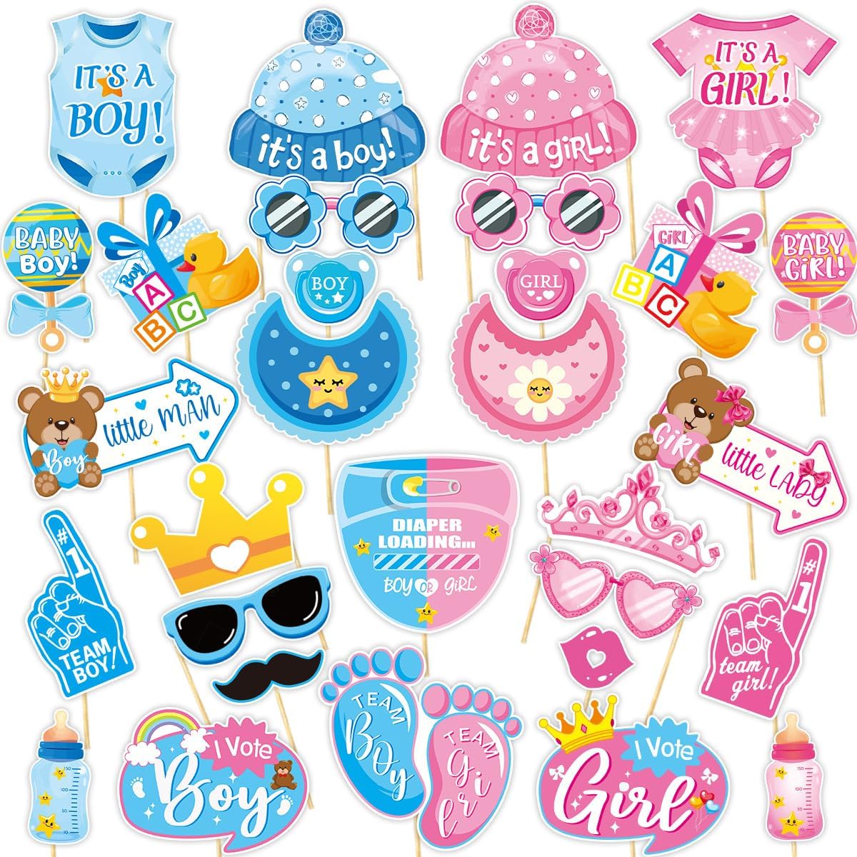 性別発表用写真小道具30点、ベビーシャワーフォトブース小道具キット、性別披露パーティーデコレーション、男の子または女の子のテーマ、木