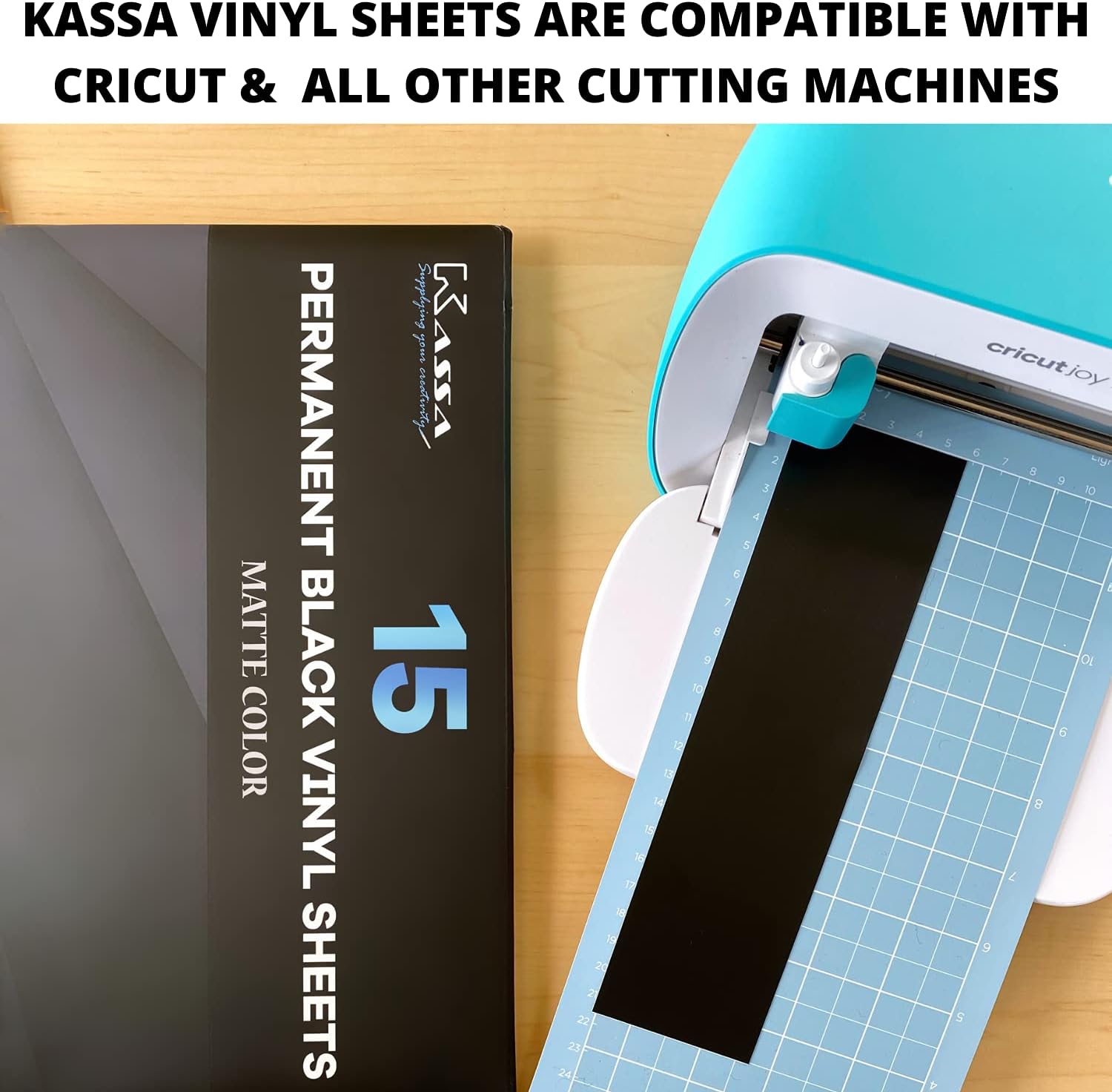 Kassa Permanent Adhesive Tape Vinyl Sheets, Black Sheets with Transfer Tape - Self Adhesive, Durable and Waterproof Vinyl Bundle for Cutting Machines, 15 Sheets 12x12 Inches