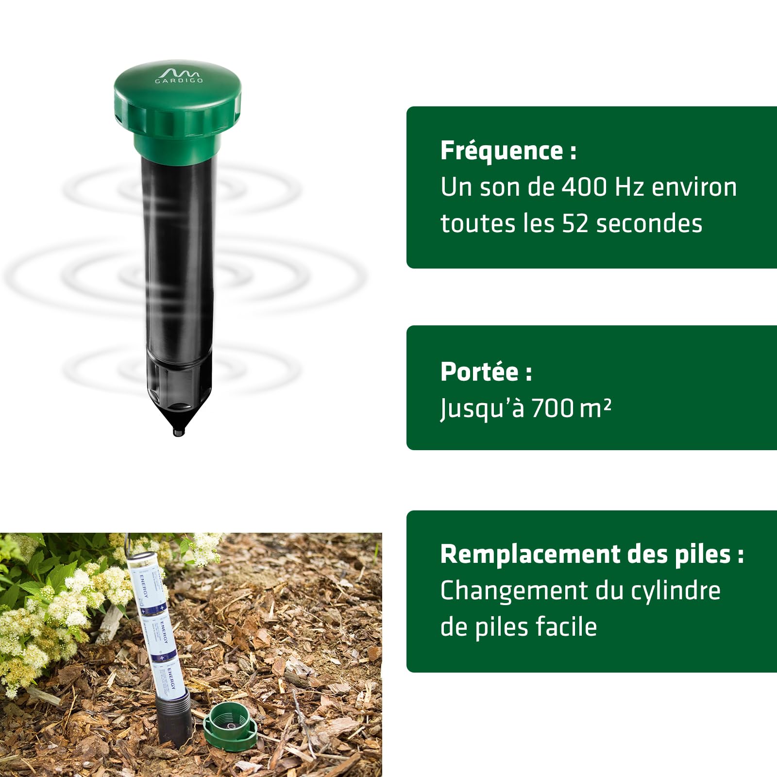 GARDIGO® Répulsif Taupes à Ultrasons – Lot de 2 | 400–1000 Hz | Jusqu’à 700 m² | Anti-Taupes & Campagnols | Jardin, Pelouse & Gazon | Fonctionne à Piles