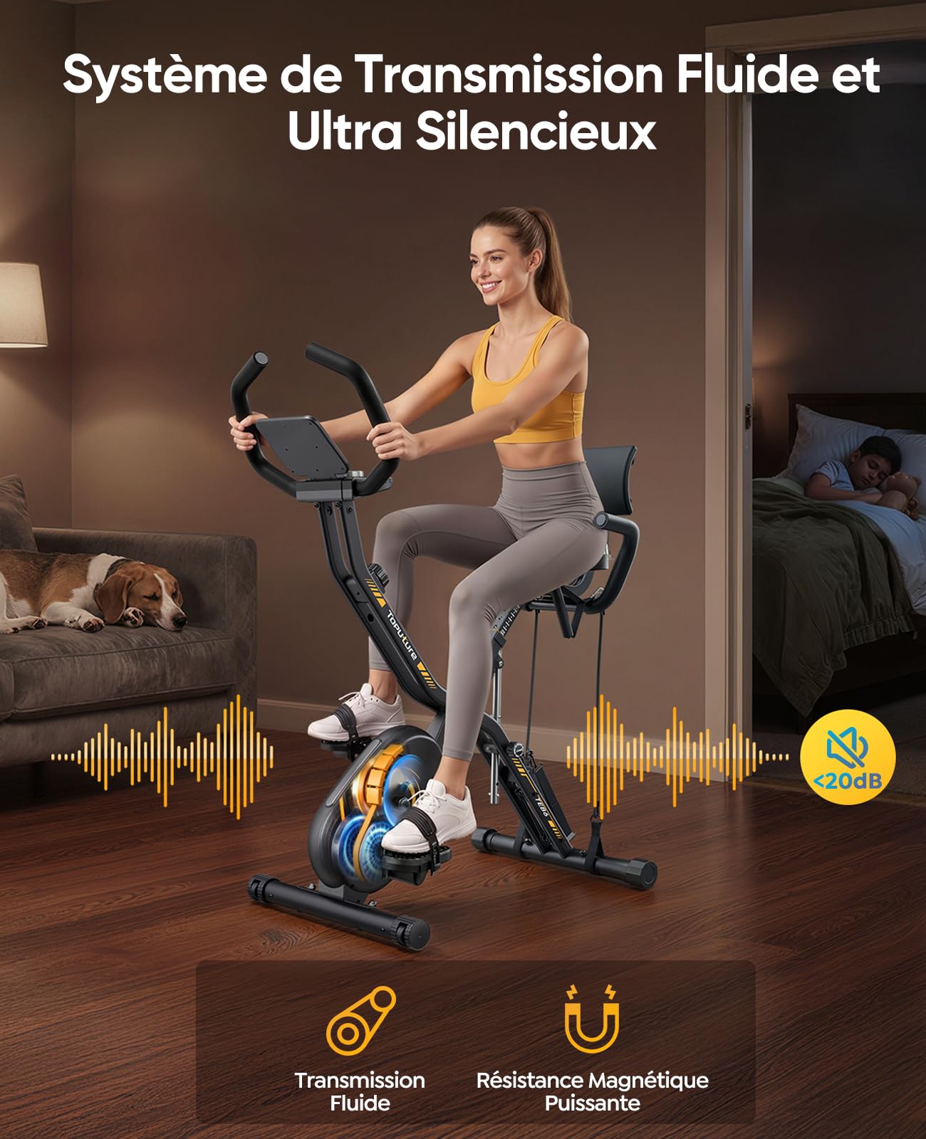 TOPUTURE 5-en-1 Velo d Appartement Silencieux <20 dB, Écran Tactile Rond HD