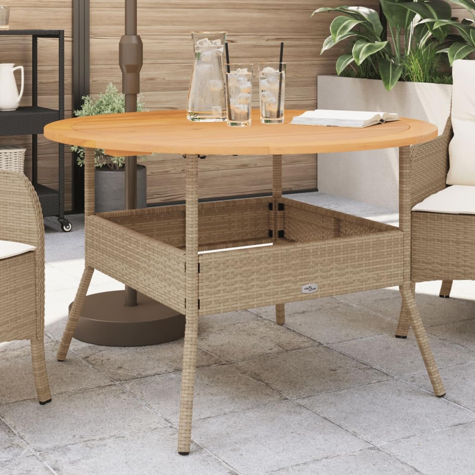 Stół ogrodowy, okrągły, Ø 110 cm, akacja i rattan | Odporny na warunki atmosferyczne rattan PE, stabilna rama stalowa, łatwa w pielęgnacji płyta drewniana, idealna na taras