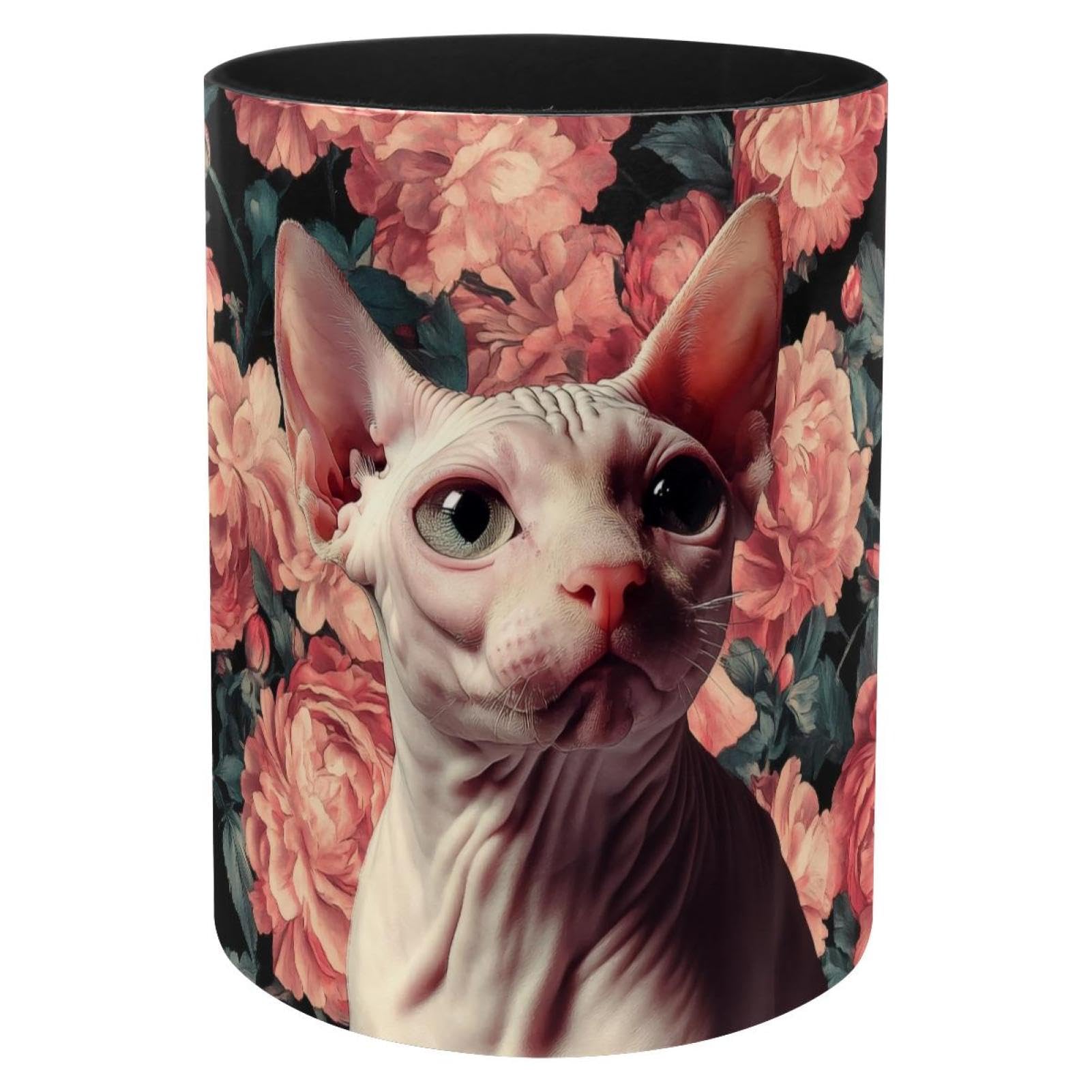 Pot à crayons chat sans poils fleur rose pour un bureau de maison ordonné