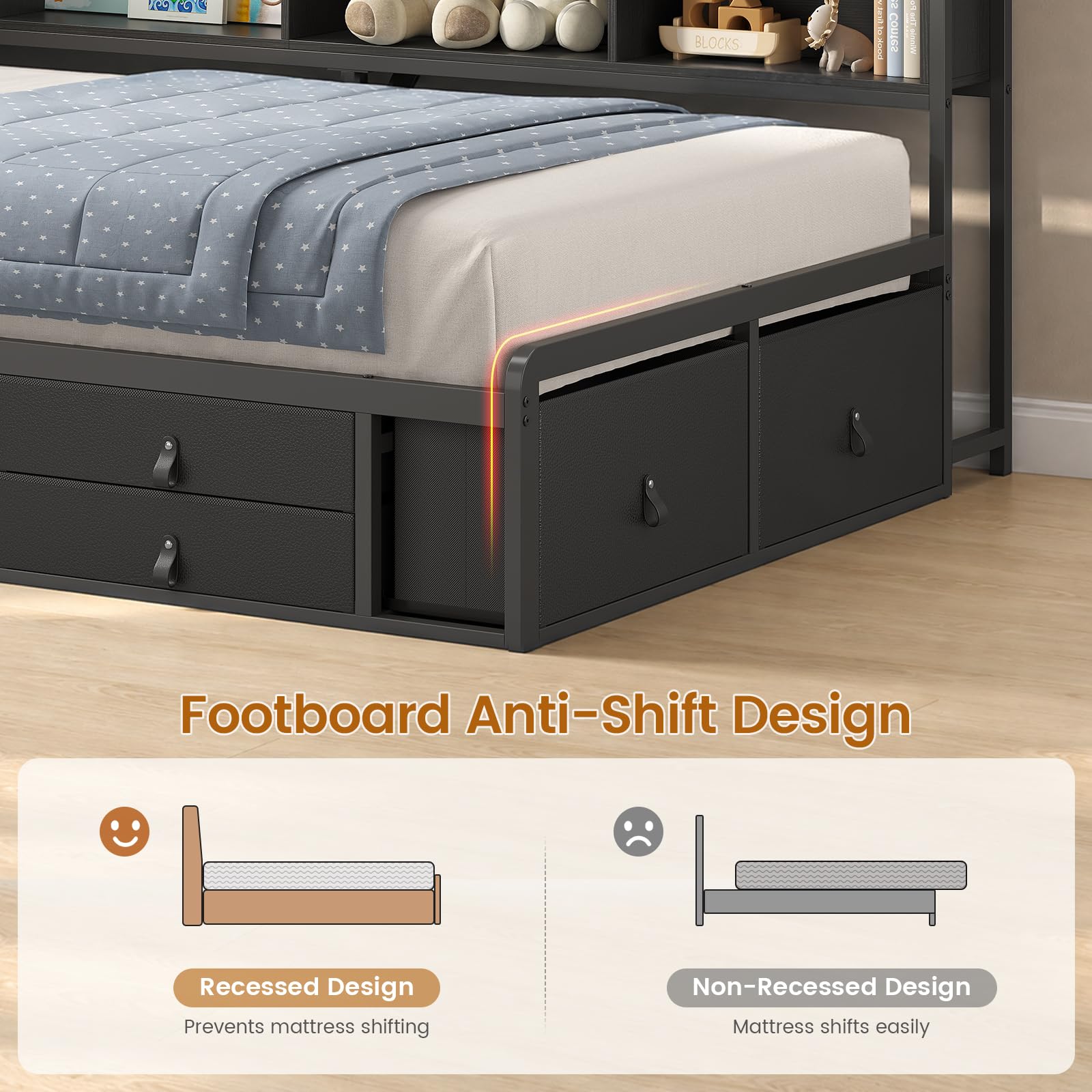 KIMENICH Sofá Cama 90x200 con Luces LED y Enchufe de Carga, Cama Individual con 7 Cajones y Espacio de Almacenamiento, Respaldo Ergonómico de 105°, Estructura de Cama de Metal, Negro
