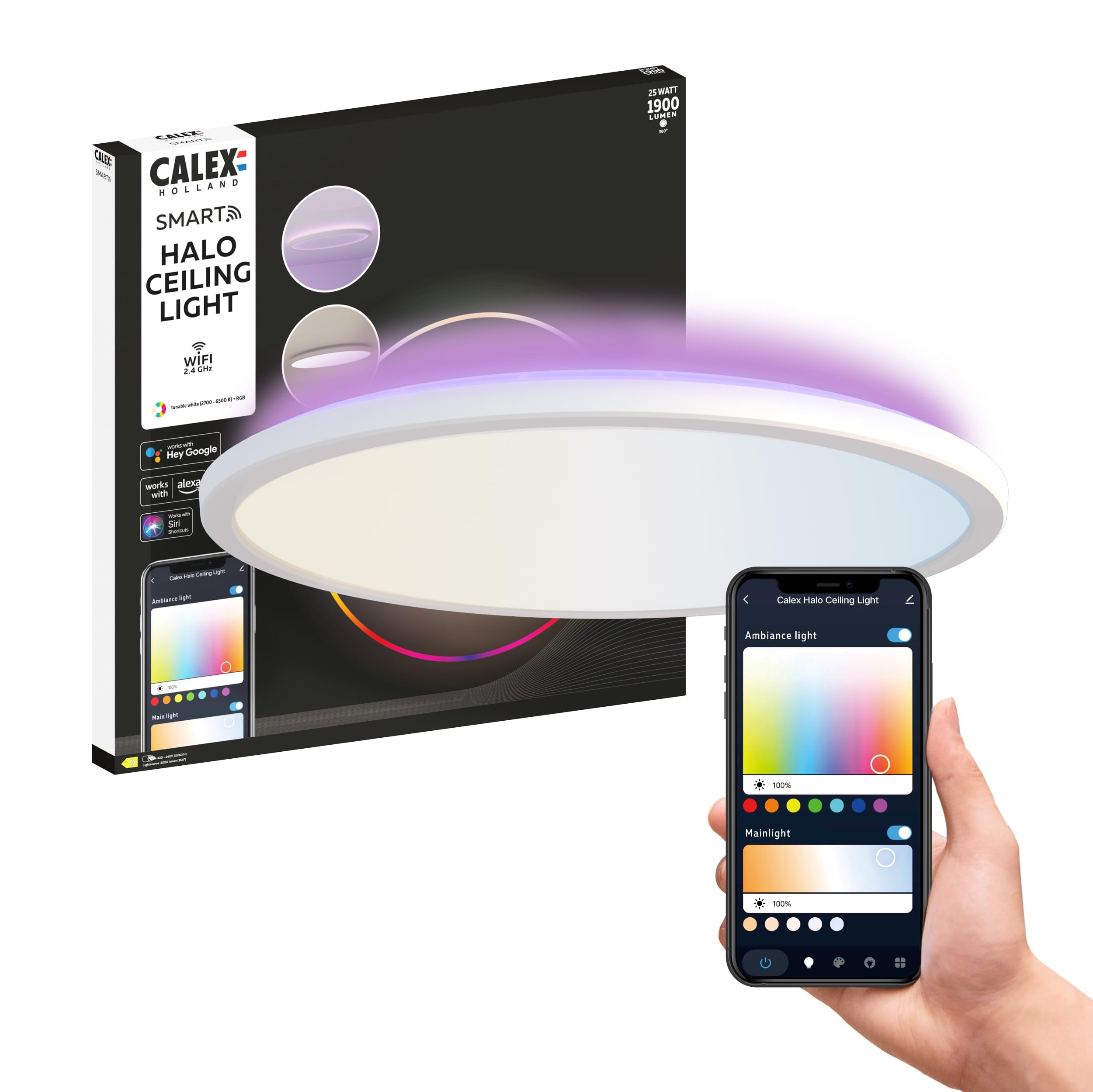 CALEX Smart LED Deckenleuchte Halo, 40 cm, RGB-Farben & kalt- bis warmweiß Licht, dimmbar, WLAN App- & Sprachsteuerung, Weiß