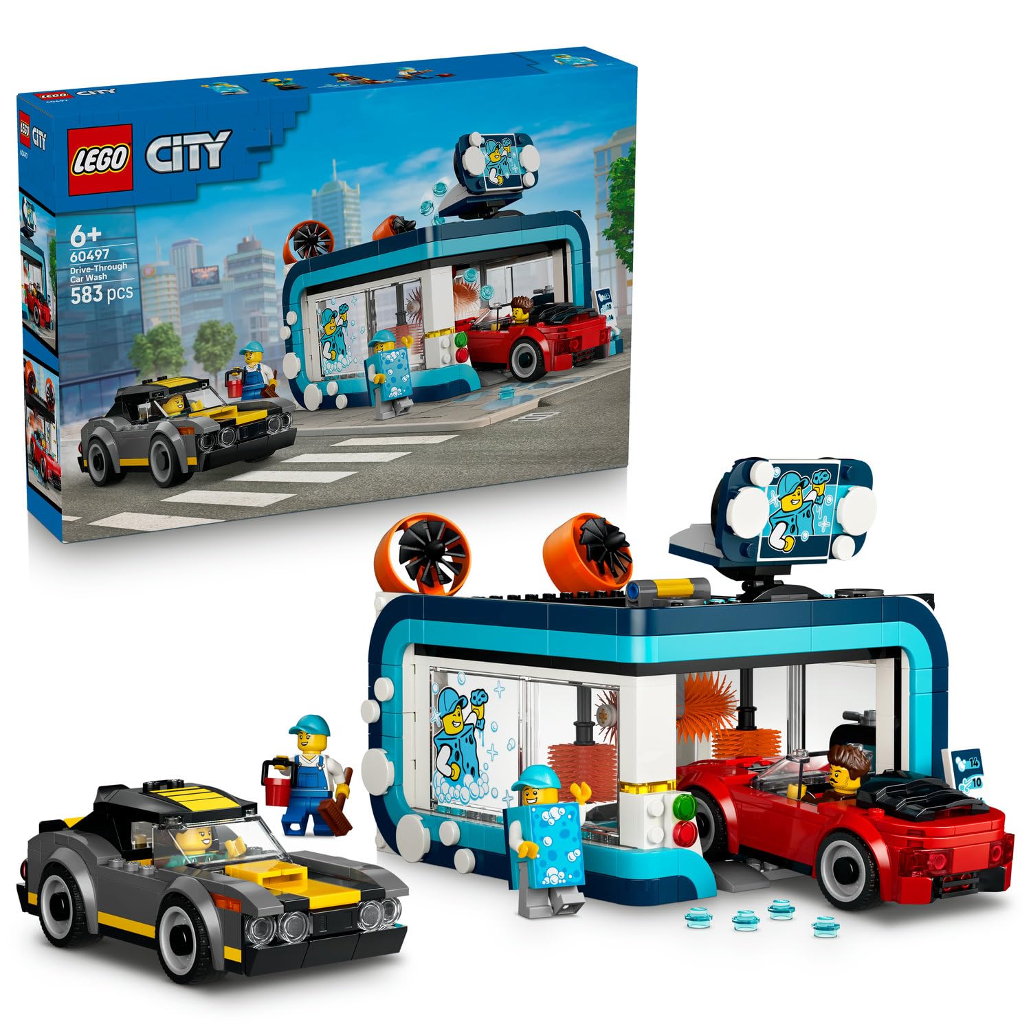 LEGO City Otomatik Araç Yıkama 60497-6 Yaş ve Üzeri Kız ve Erkek Çocuklar için Görevli, Sünger Maskot ve 2 Sürücü Minifigürü İçeren Yaratıcı Oyuncak Yapım Seti, Eğlenceli Hediye Fikri (583 Parça)