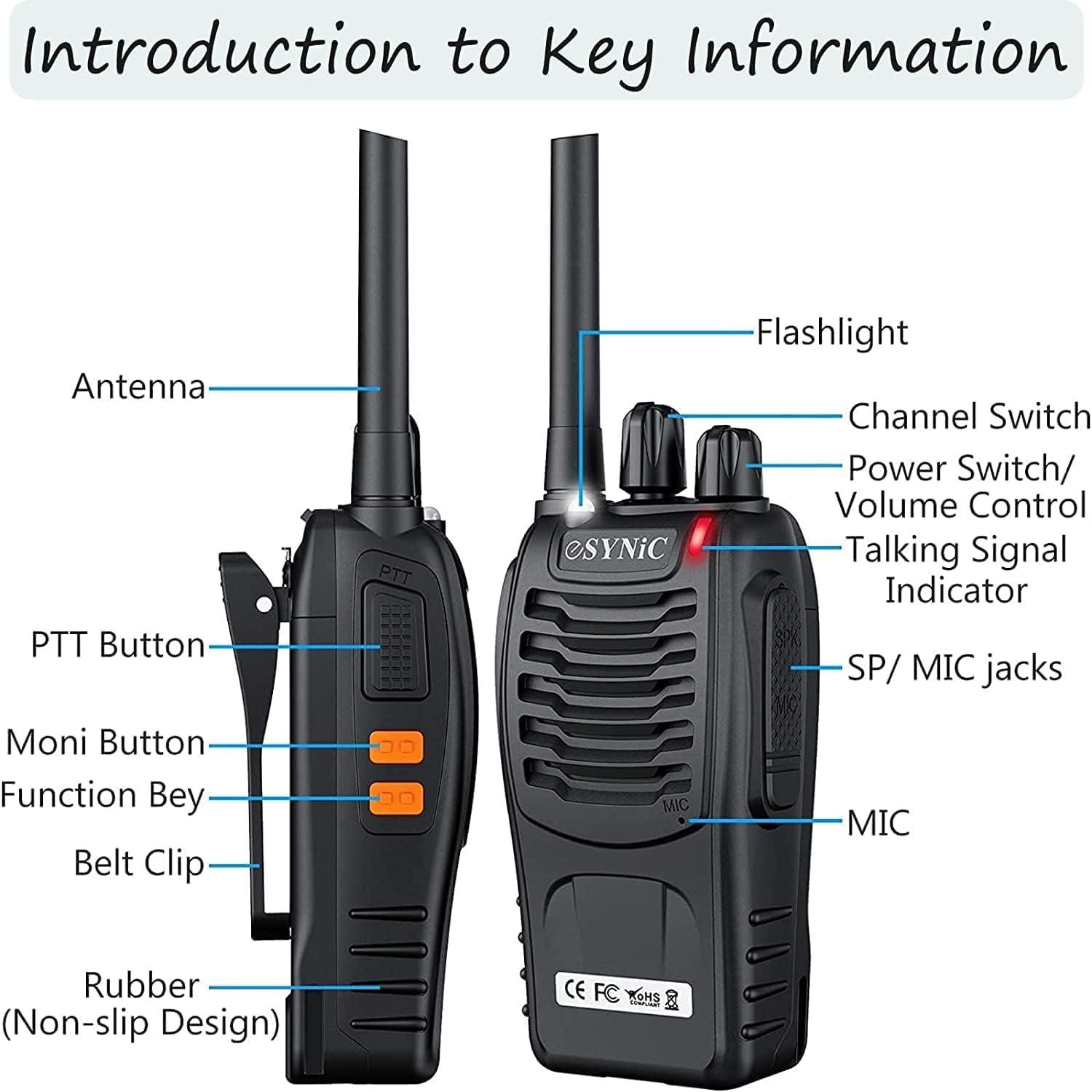eSynic Professionelle Walkie-Talkies für Erwachsene, wiederaufladbar, 16 Kanäle, VOX, mit Kopfhörern und LED-Lichtern, perfekt für Kinder ab 5 Jahren, Outdoor-Aktivitäten
