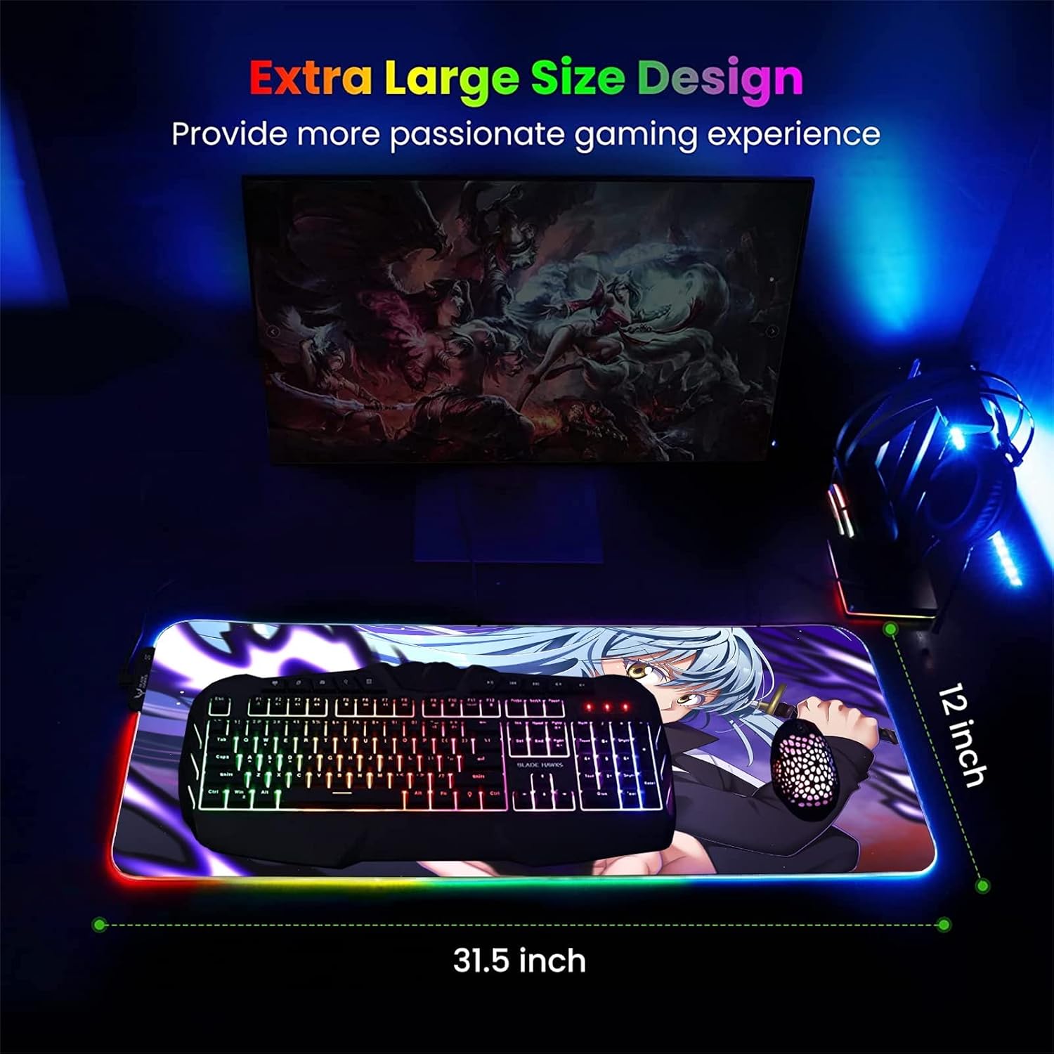 Gaming Mouse Pads Anime Rimuru Tempest RGB Gaming Mouse Pad Large Led Computer Mouse Mat XXL Keyboard Desk Pad Smooth Surface Speed Gaming Mat 900X400Mm image 2