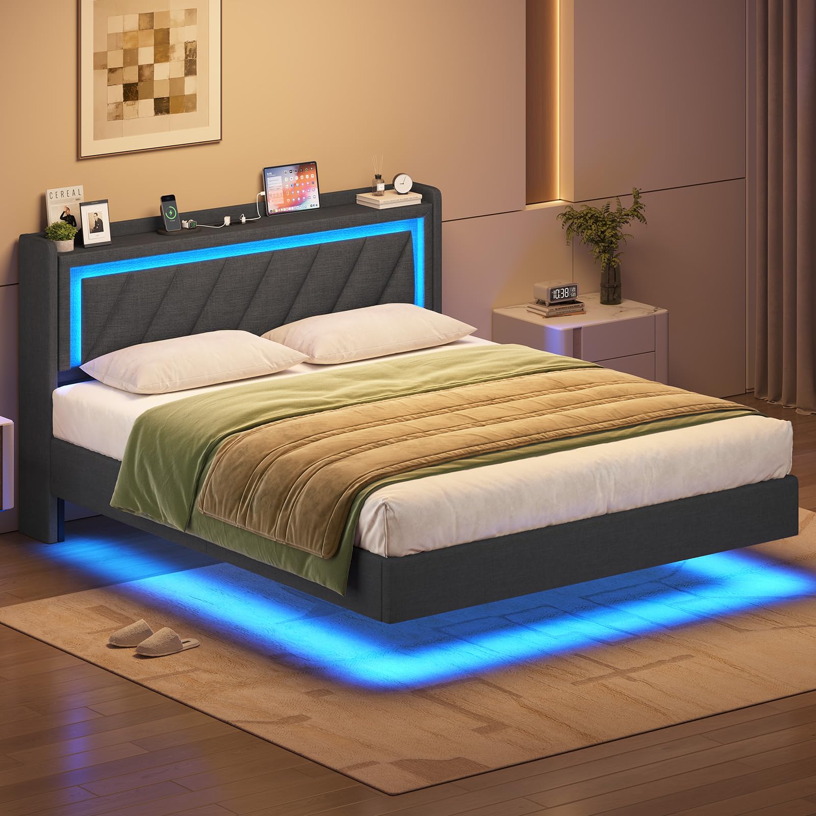 KIMENICH Polsterbett 180x200 cm,Schwebebett mit LED-Beleuchtung und Ladestation,Bett 180x200 mit Stauraum,Doppelbett mit Lattenrost,Bettgestell mit Kopfteil,Grau