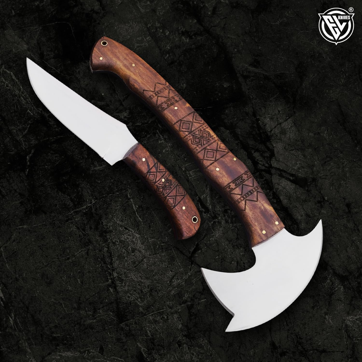 EdgeLandKnives® Hand Forged Tomahawk Throwing Axe and Bushcraft Knife Set, Heavy Duty D2 Steel Tomahawk Throwing Axe and Bushcraft Knife Set with Leather Sheath, Perfect Combo for Outdoorsmen (EL33)