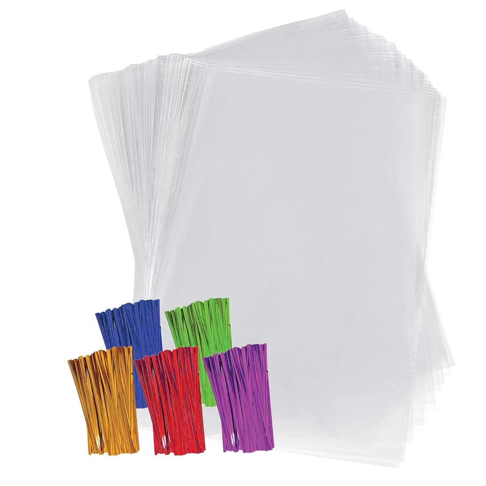 Purple Q Crafts Clear Plastic Cellophane Bags with 4 Colored Twist Ties for Gifts Party Favors (9x12 50 Pack)