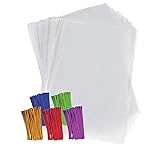 Purple Q Crafts Clear Plastic Cellophane Bags with 4 Colored Twist Ties for Gifts Party Favors (9x12 50 Pack)