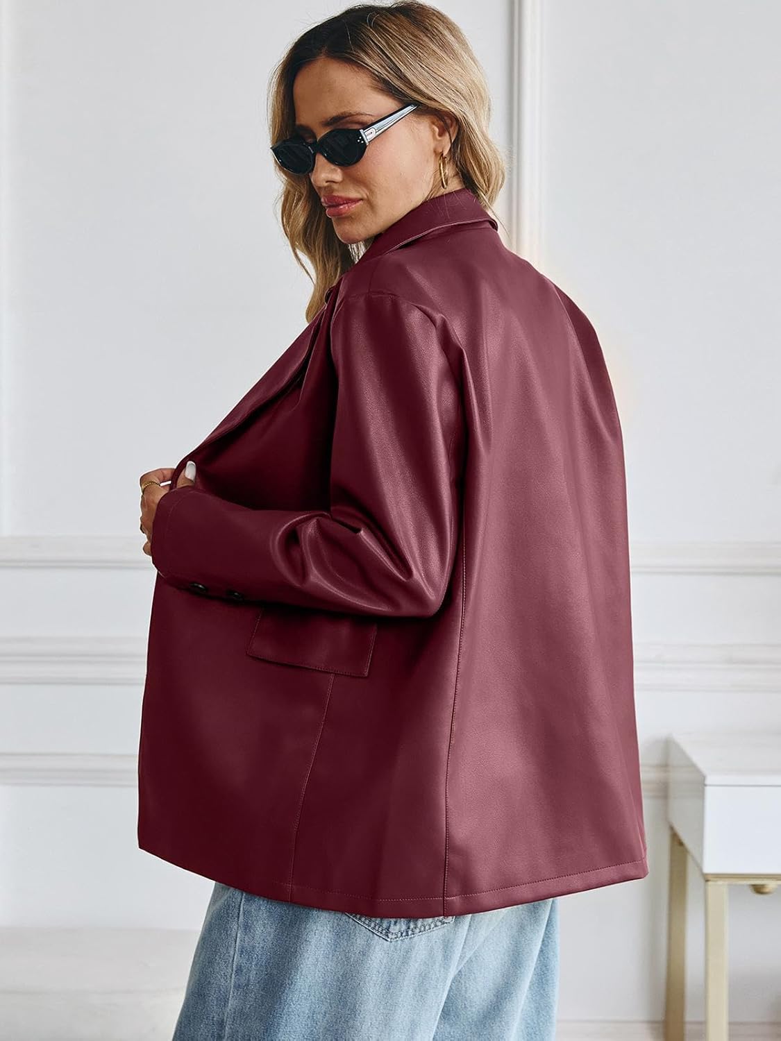 KateModa Women's Faux Leather Blazer Oversized Bomber Winter Coat Motocycle Button Down Fall Jackets with Pockets - Image 4