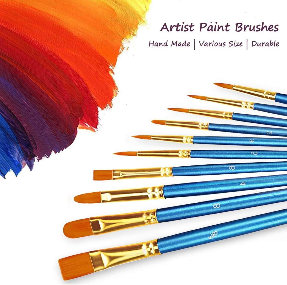 Acrylic Paint Brushes Set, 10pcs Round-Pointed Tip Paintbrushes for Acrylic Watercolor Oil Painting, Face Body Nail Art, Crafts, Canvas, Rock, Shoes, Miniature Model & Fine Detail, Artist Art Supplies