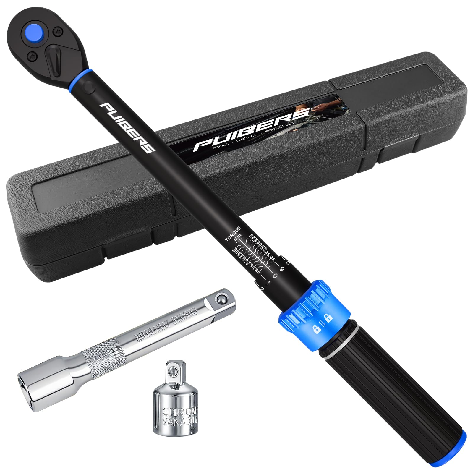 PUIBERS Torque Wrench Set 1/2" 20-230Nm, 3/8" Adapter & 5" Extension, Precision Torque Wrenchs ±3% Accuracy 72-Tooth Dual-Direction, Torque Wrench 1/2 Adjustable for Car/Motorcycle/Truck